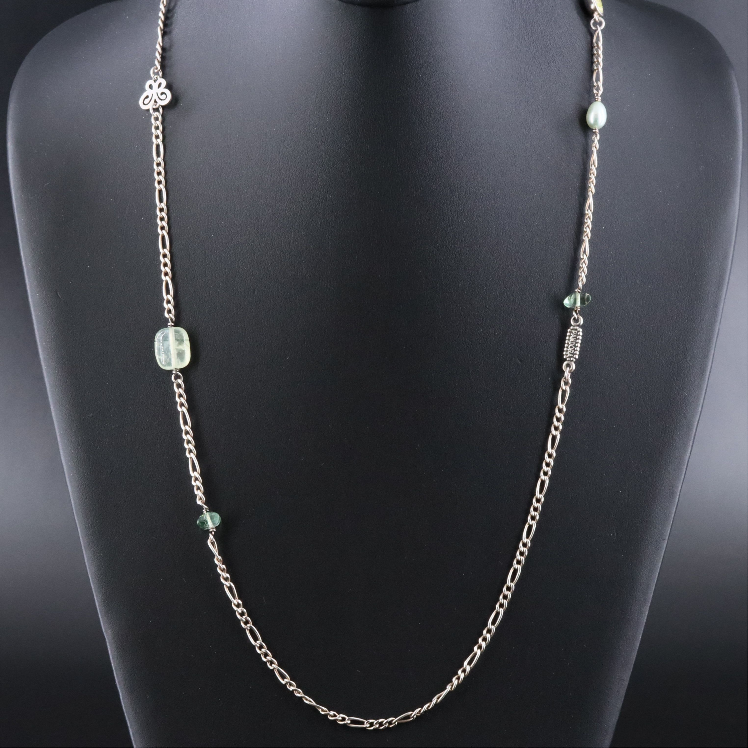 Pandora Sterling Station Necklace Featuring Pearl, Smoky Quartz, and CZ