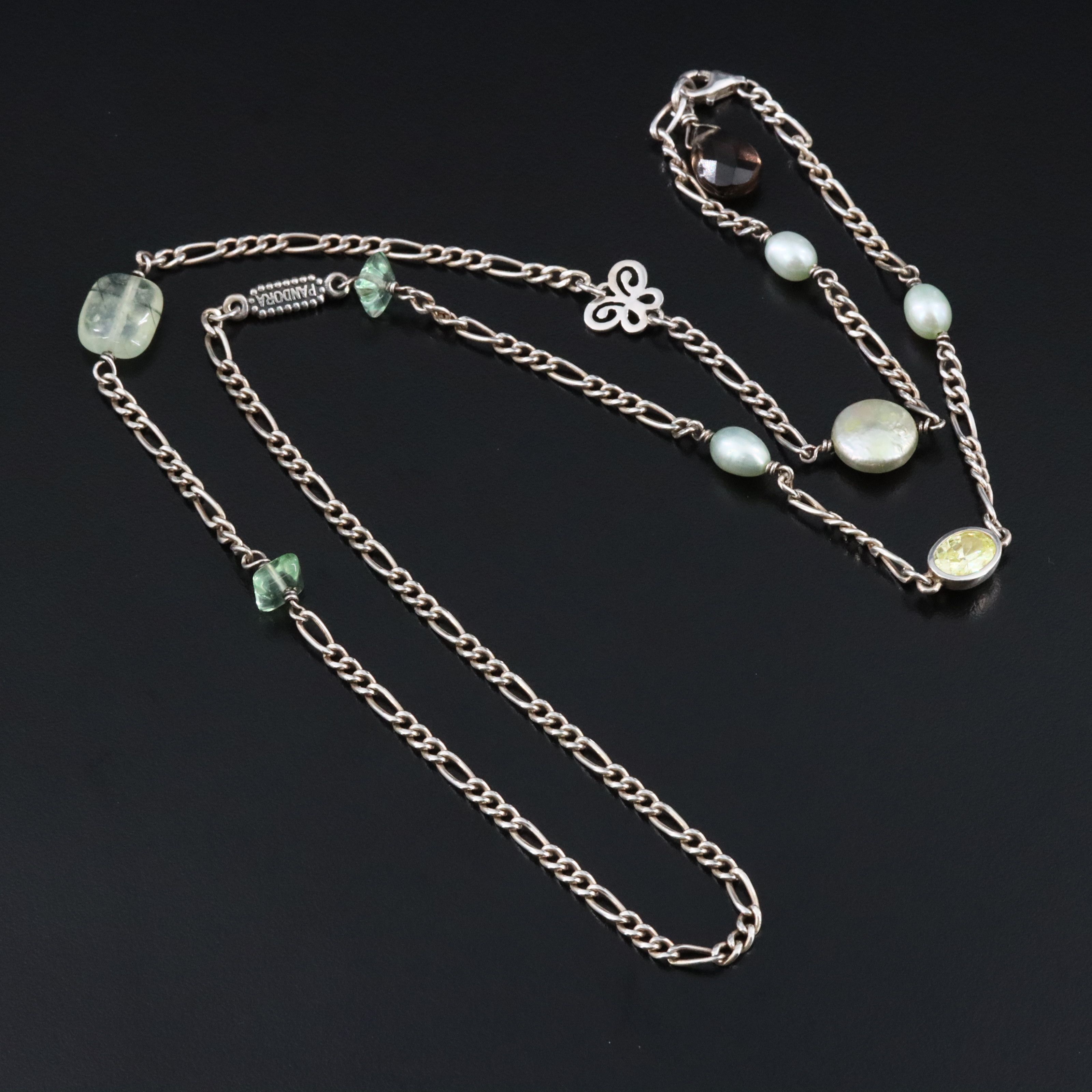 Pandora Sterling Station Necklace Featuring Pearl, Smoky Quartz, and CZ