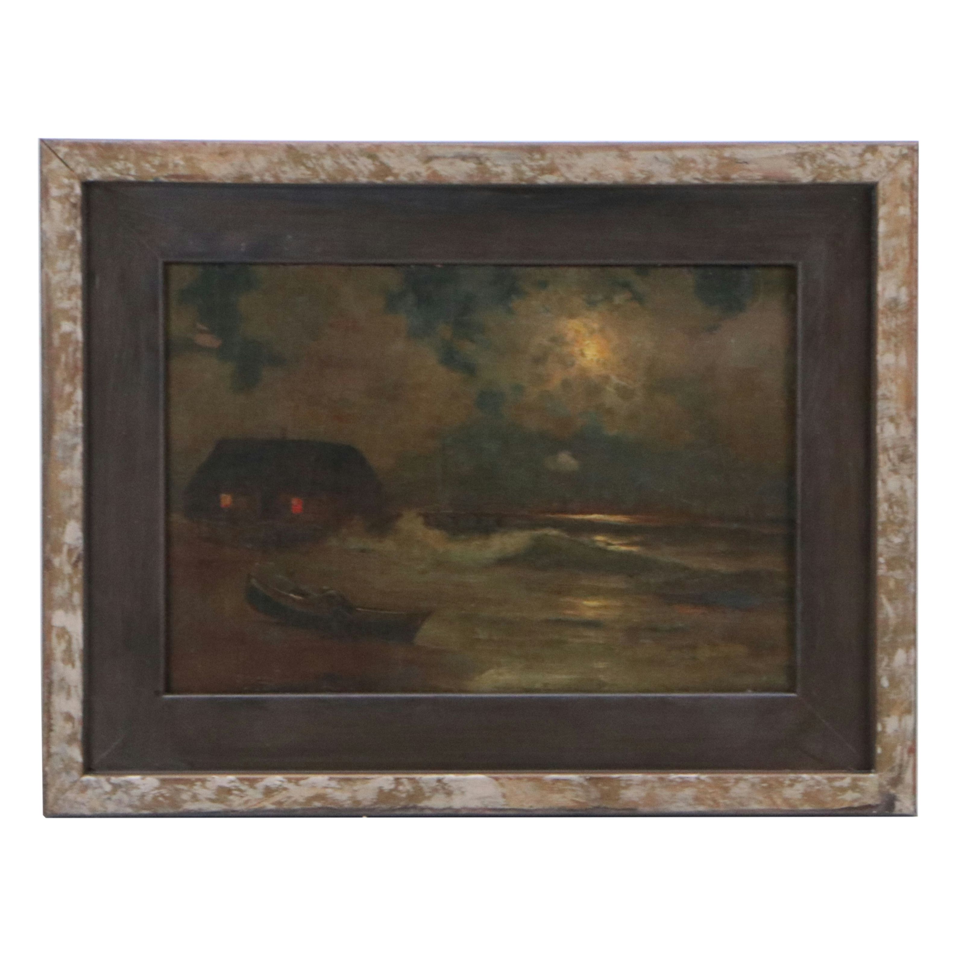 Continental School Nocturne Oil Painting of Coastal Landscape, 19th Century