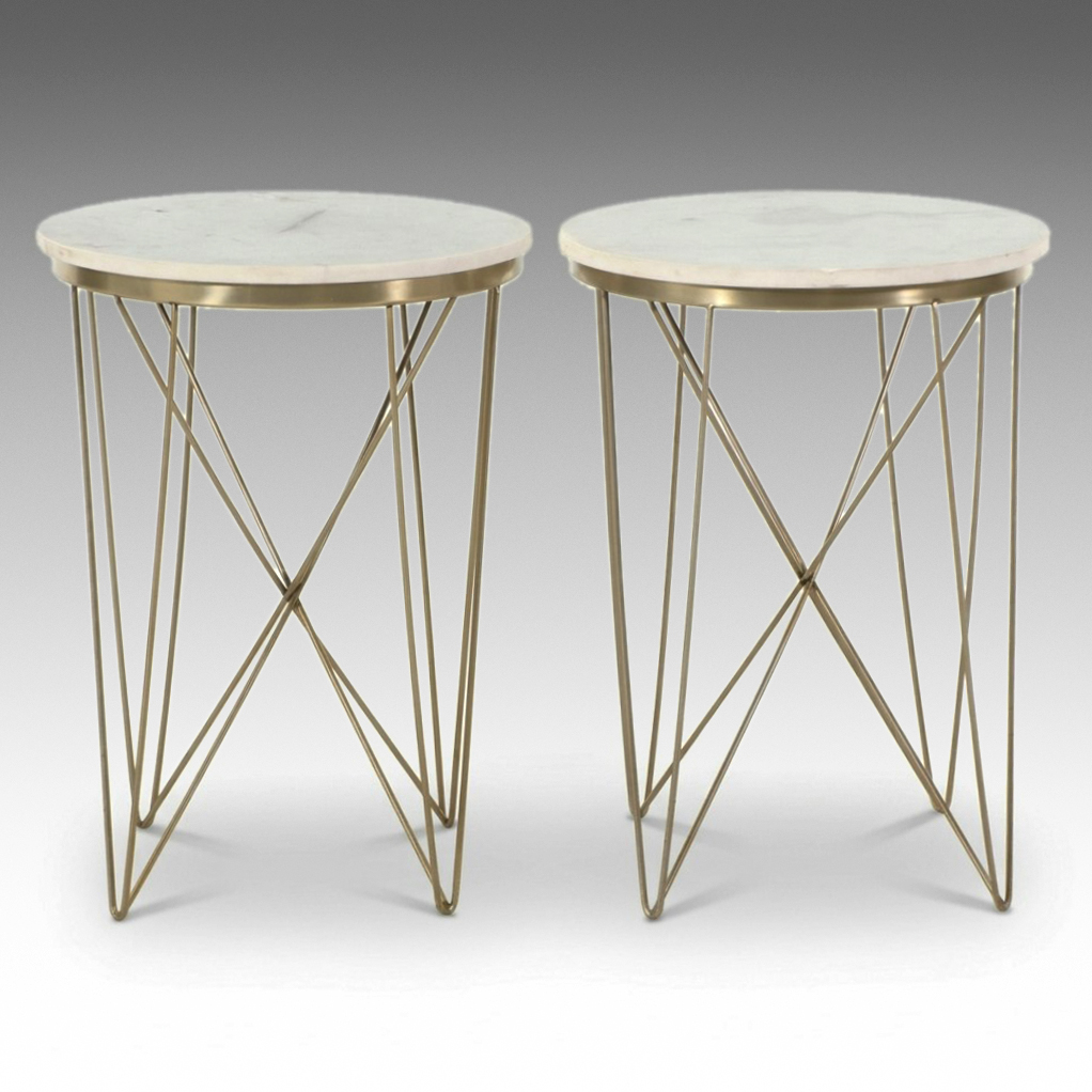 Pair of Contemporary Marble Top Geometric Wire Side Tables