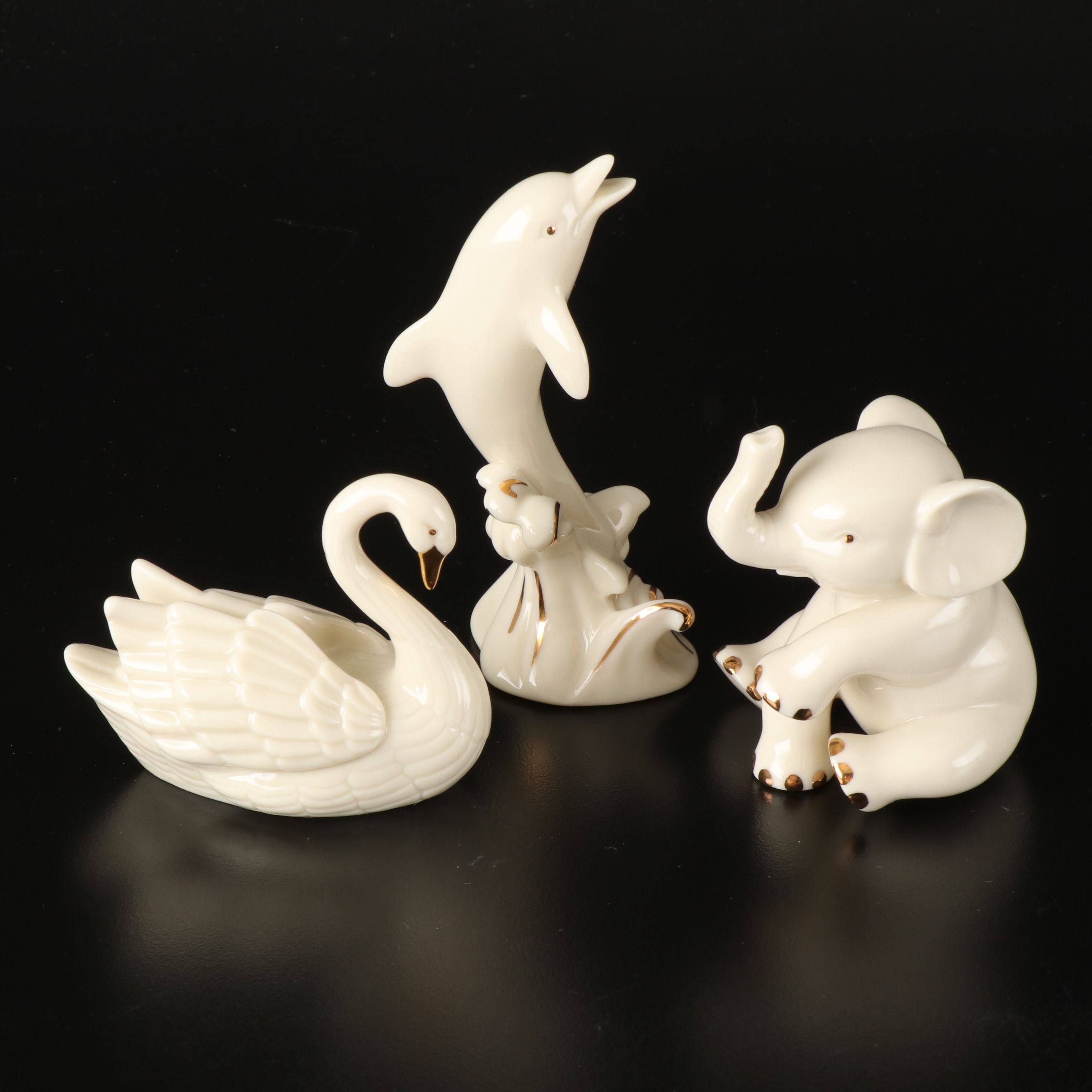 Lenox Swan, Dolphin and Elephant Bone China Figurines