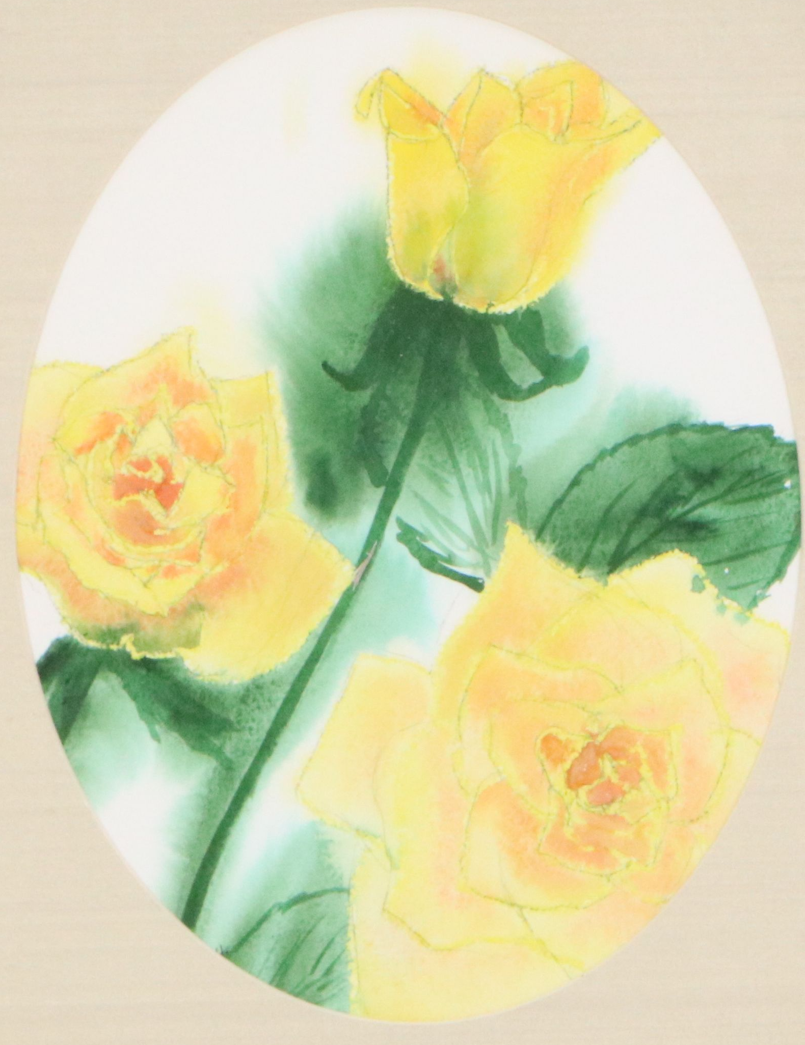 Floral Watercolor Painting of Yellow Roses, 20th Century