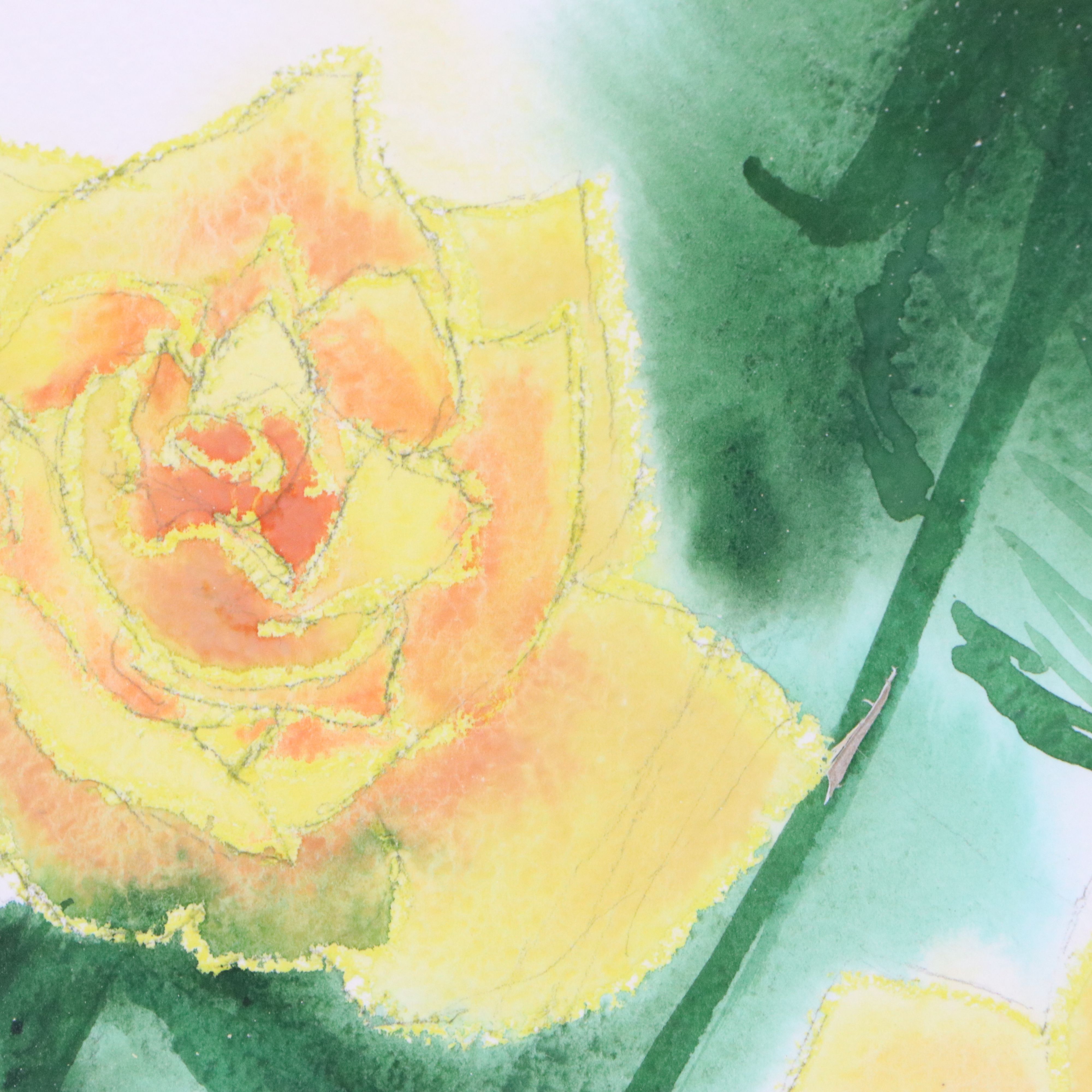 Floral Watercolor Painting of Yellow Roses, 20th Century