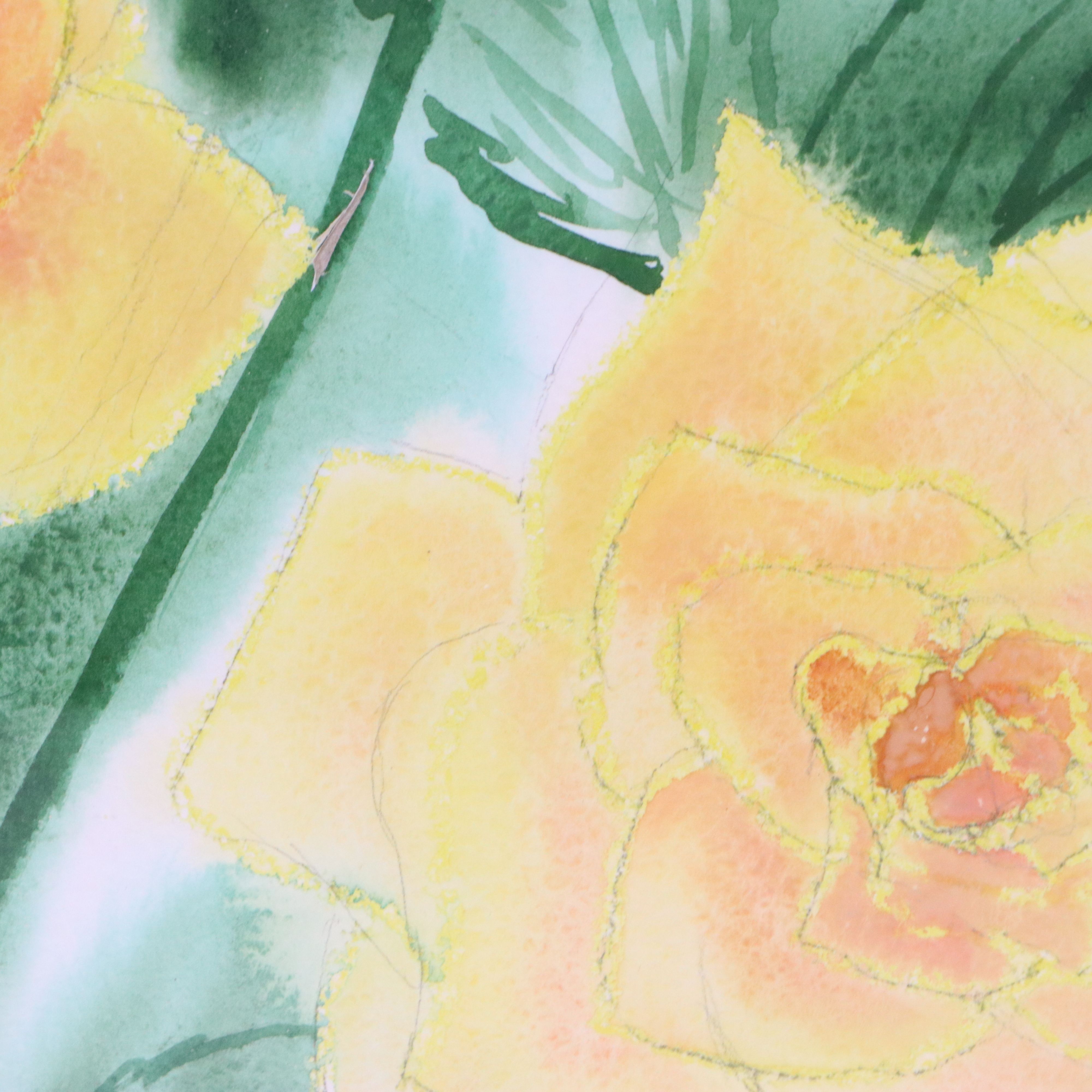 Floral Watercolor Painting of Yellow Roses, 20th Century