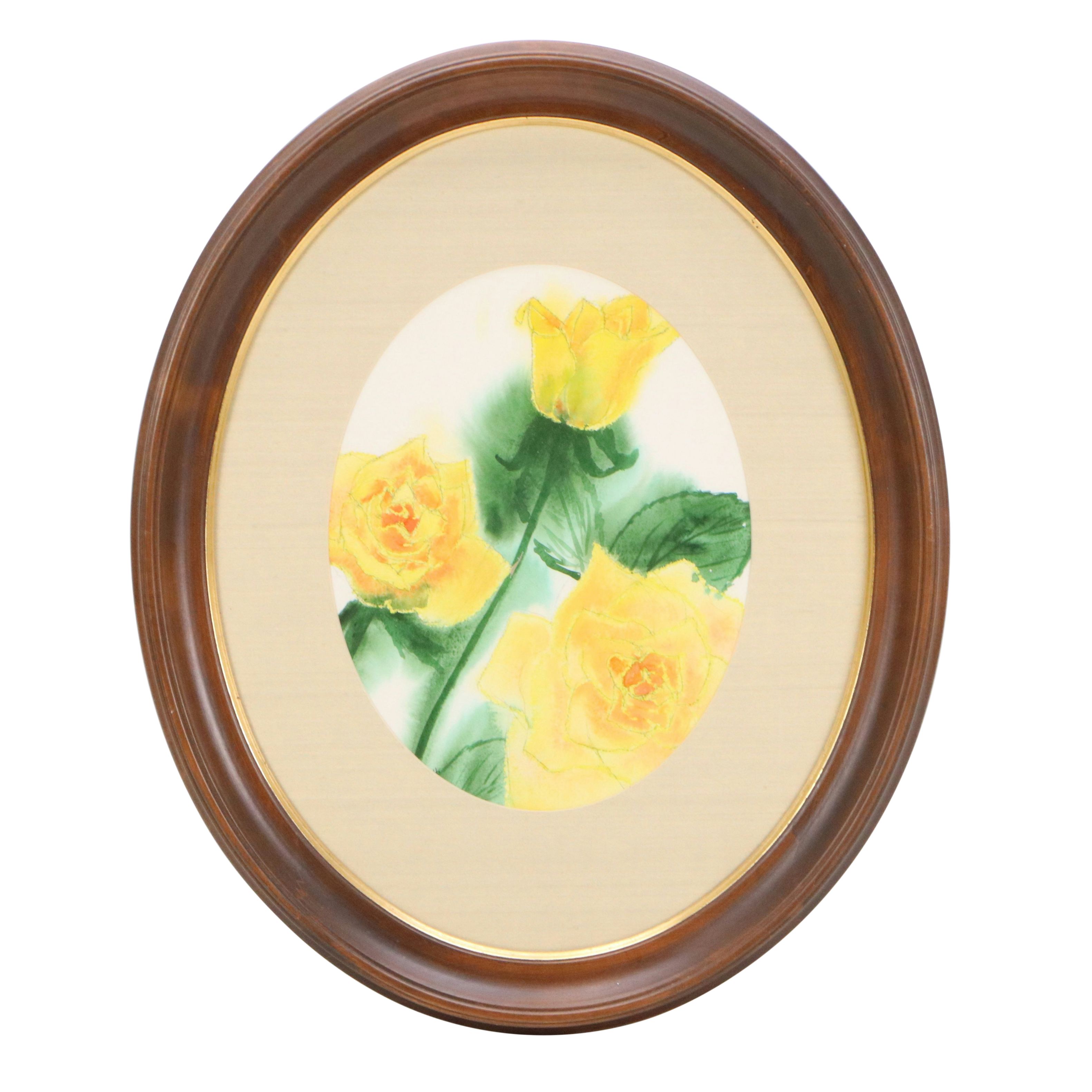 Floral Watercolor Painting of Yellow Roses, 20th Century