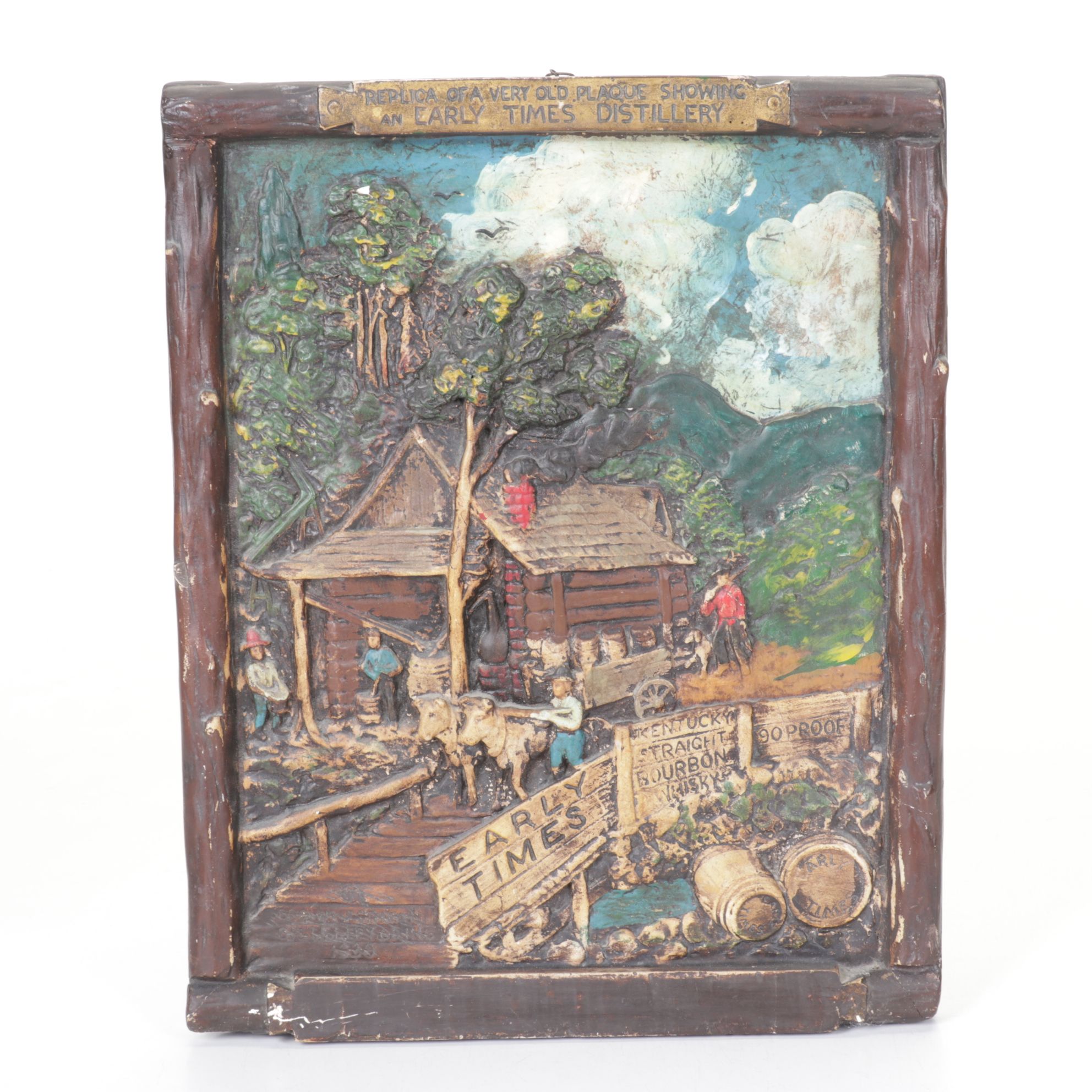 1939 Early Times Distillery Replica Chalkware Plaque & Leather Wrapped Decanter