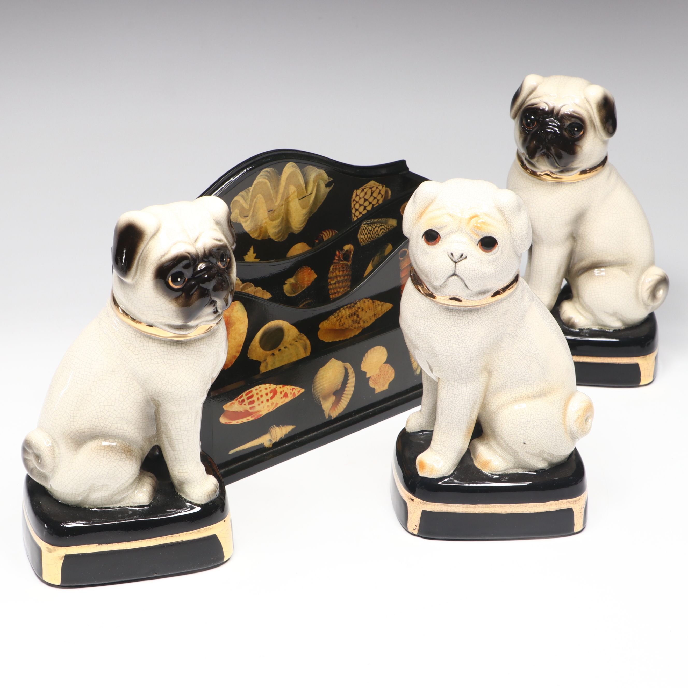 Japanese Takahashi Ceramic Pugs with Lacquered Shell Pattern Letter Holder