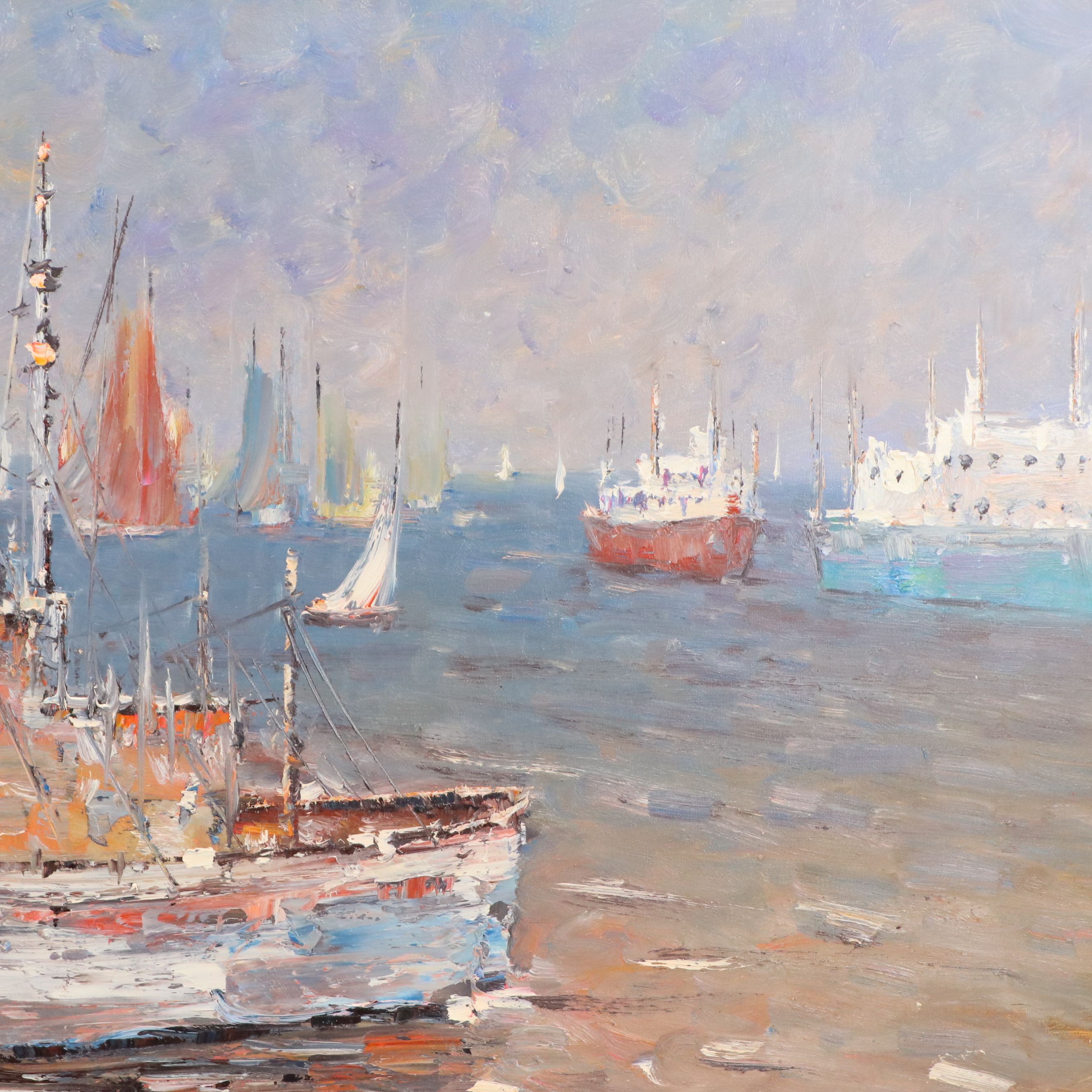 Oil Painting of Bay Scene with Fishing Boats