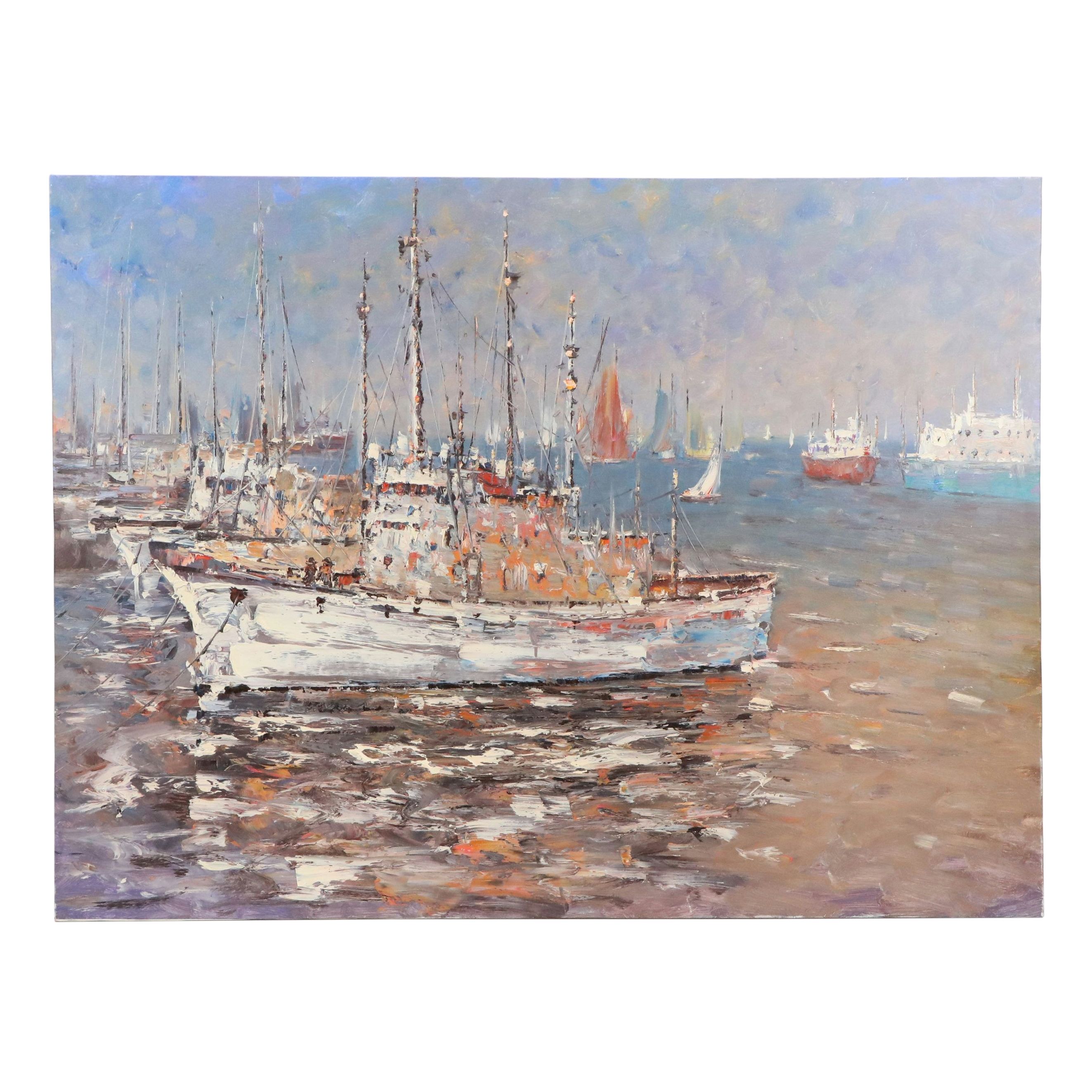 Oil Painting of Bay Scene with Fishing Boats