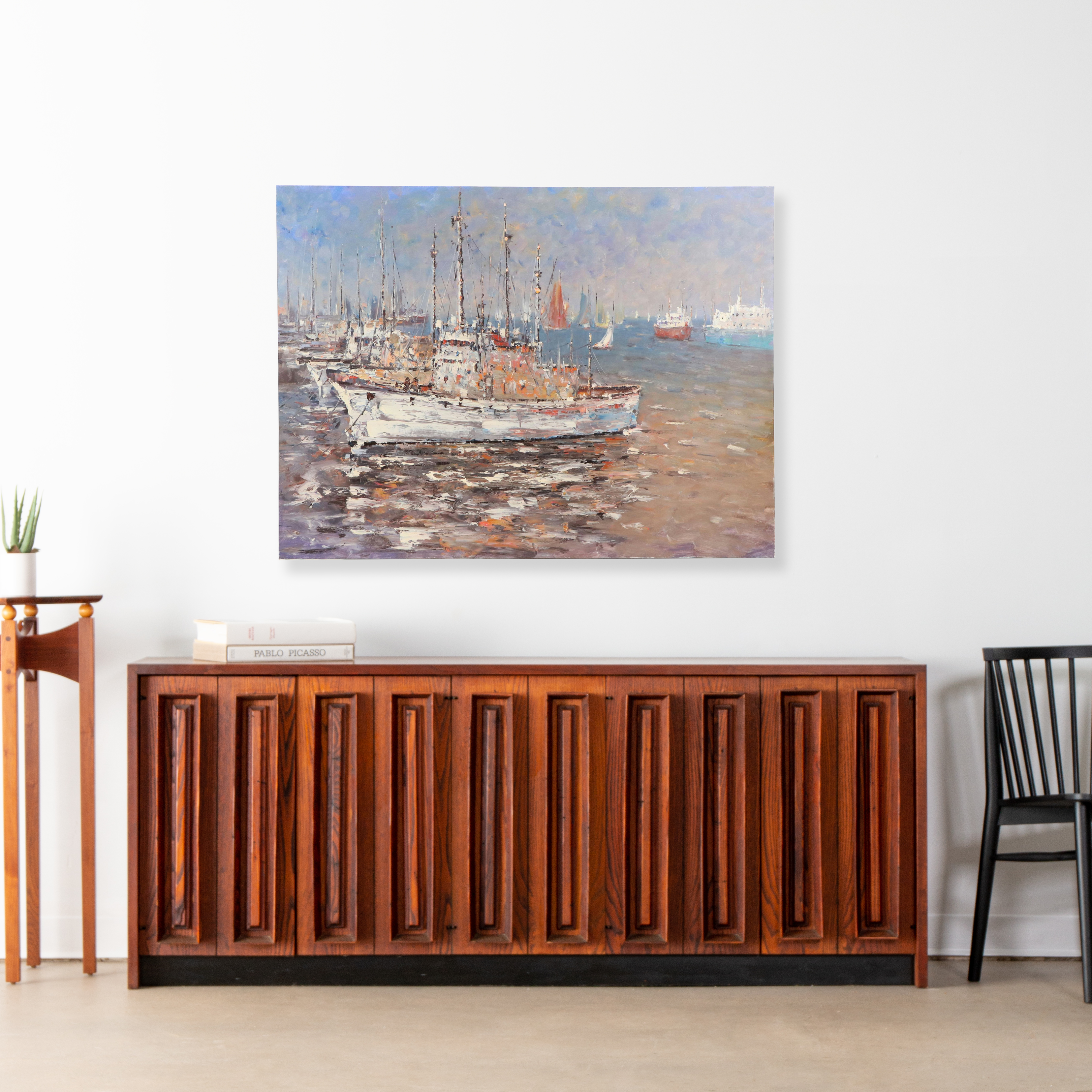 Oil Painting of Bay Scene with Fishing Boats