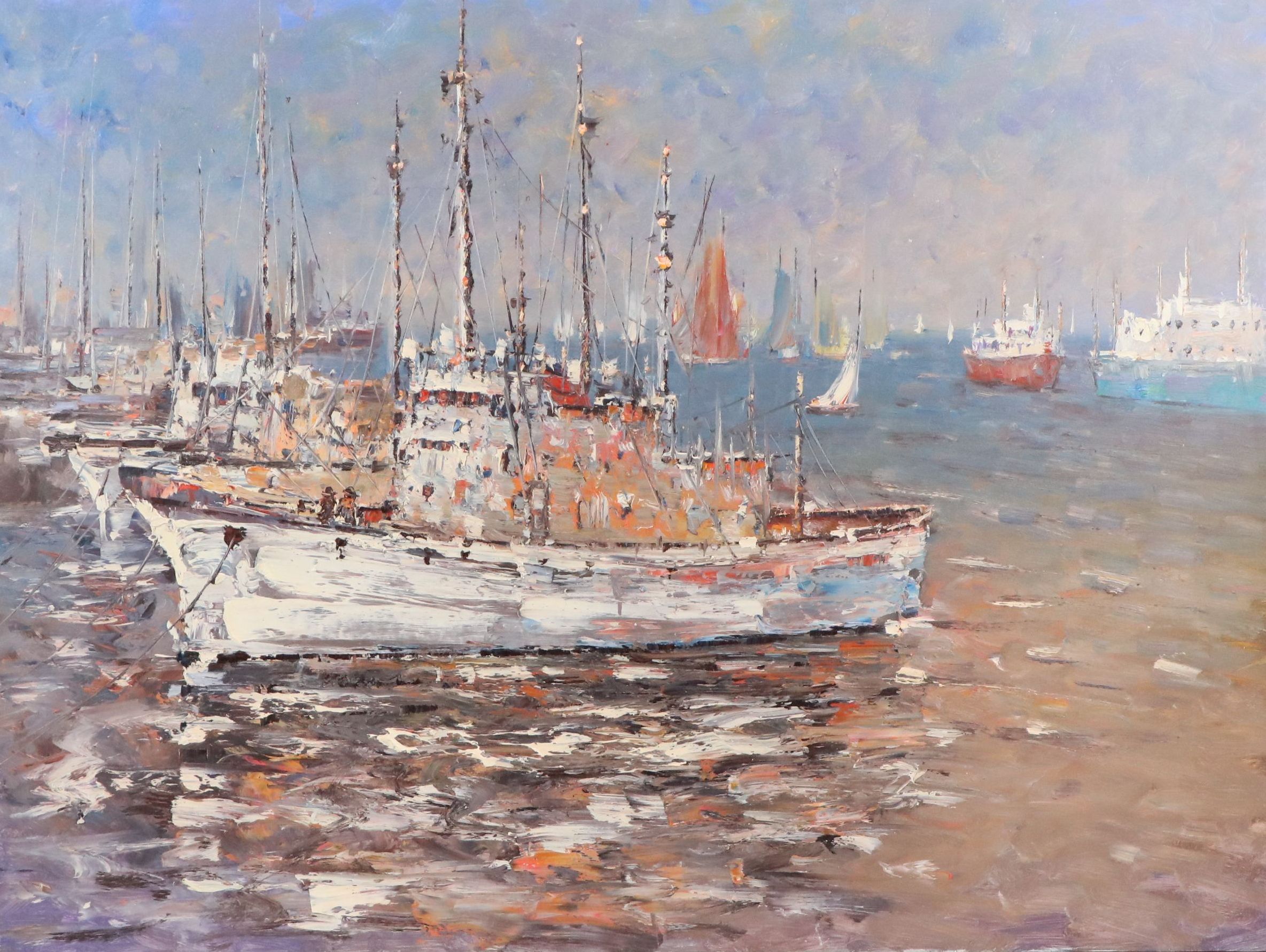 Oil Painting of Bay Scene with Fishing Boats