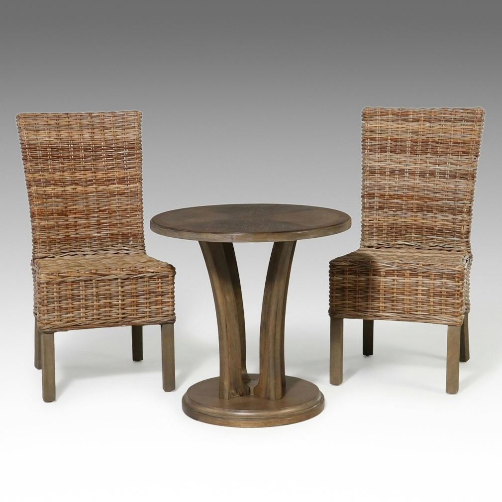American Drew "Vista" Pedestal Table and Pair of Woven Rattan Chairs