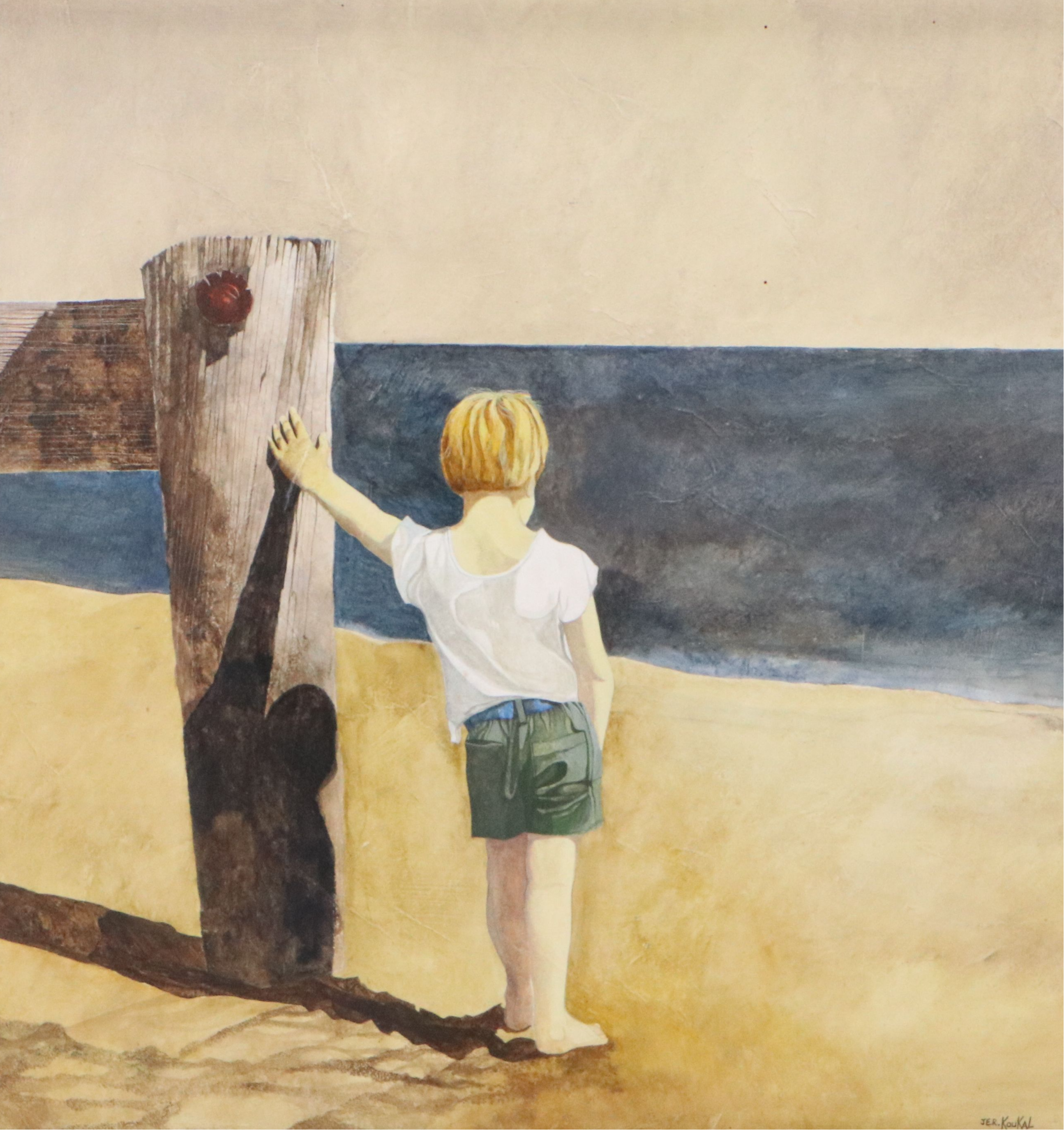 Gerald Koukal Gouache Painting of Boy on Beach, 20th Century