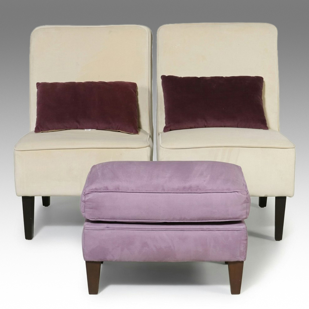Pair of Contemporary Velvet Slipper Chairs with Ottoman