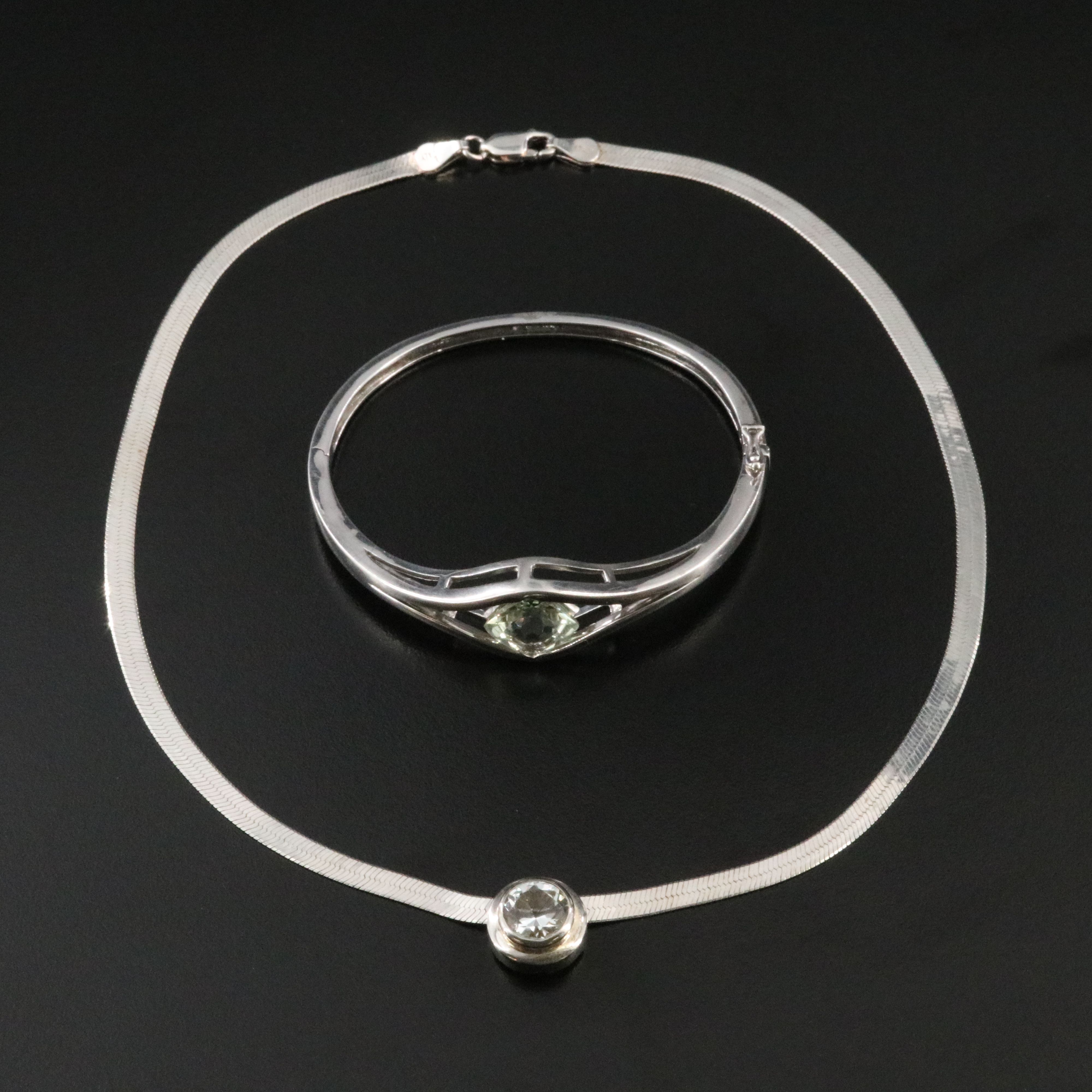 Sterling Prasiolite Bracelet and White Sapphire Pendant Necklace