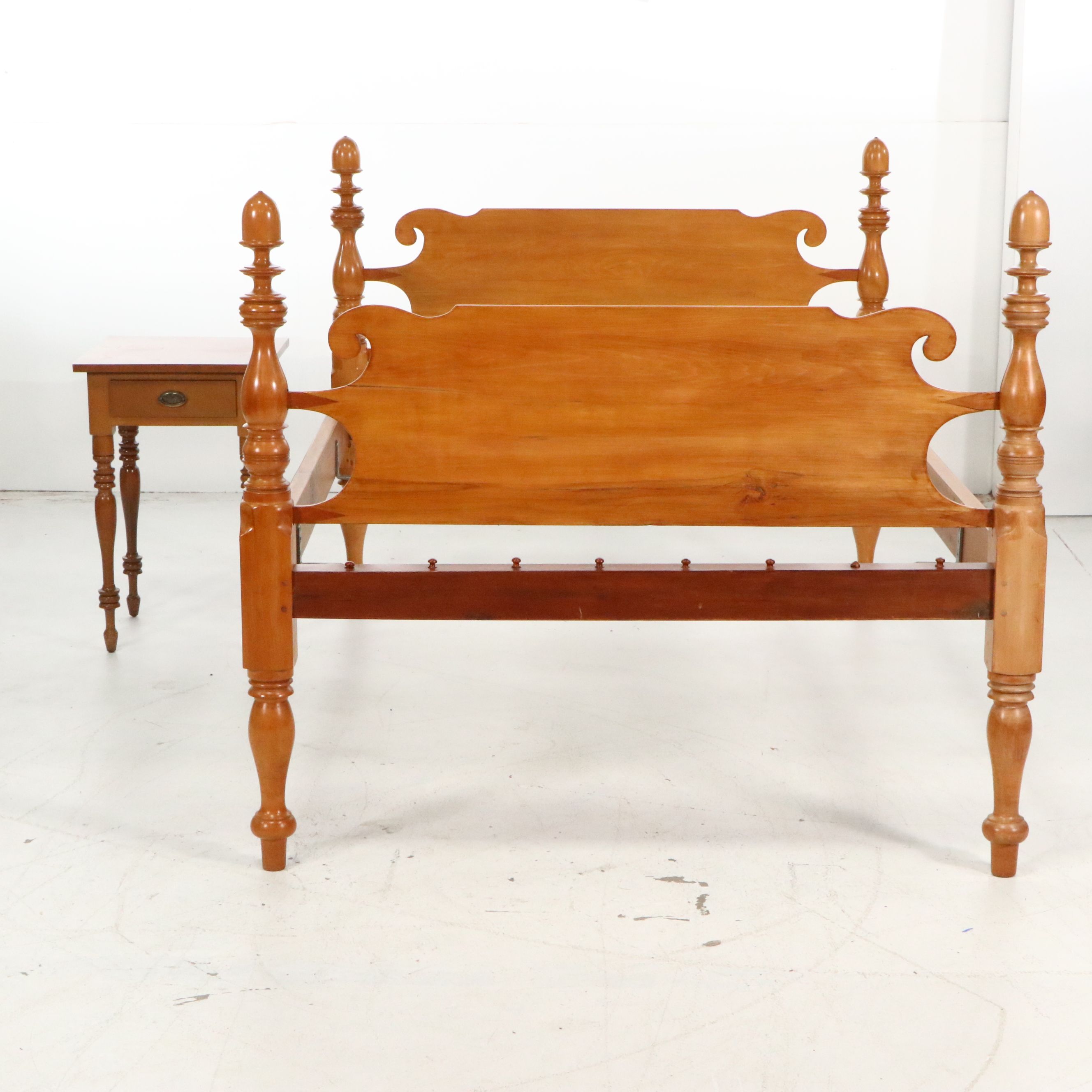 Federal Style Acorn-Top Rope Bed and Nightstand, Early 20th Century