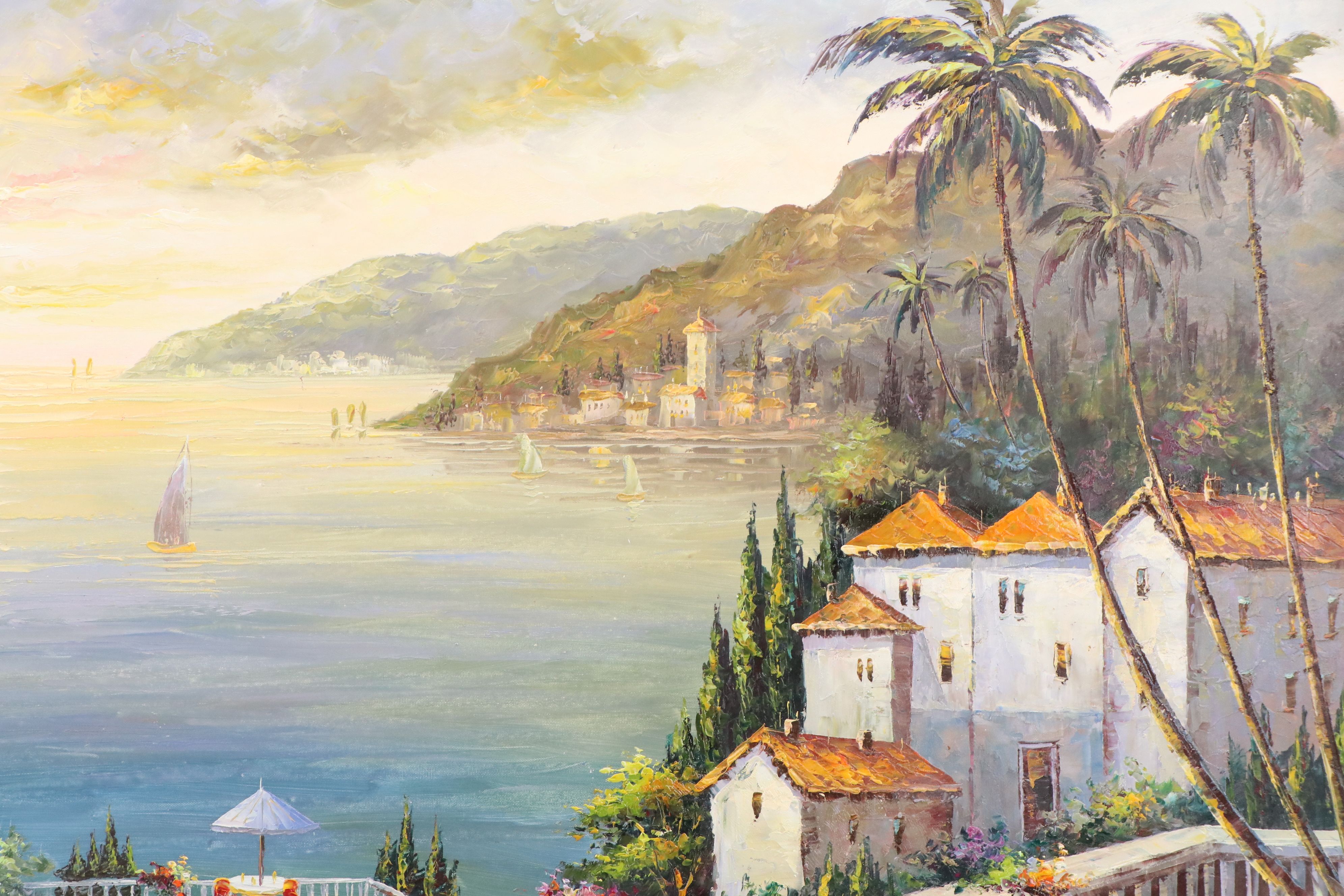 Oil Painting of Mediterranean Coastal Village Landscape, 21st Century