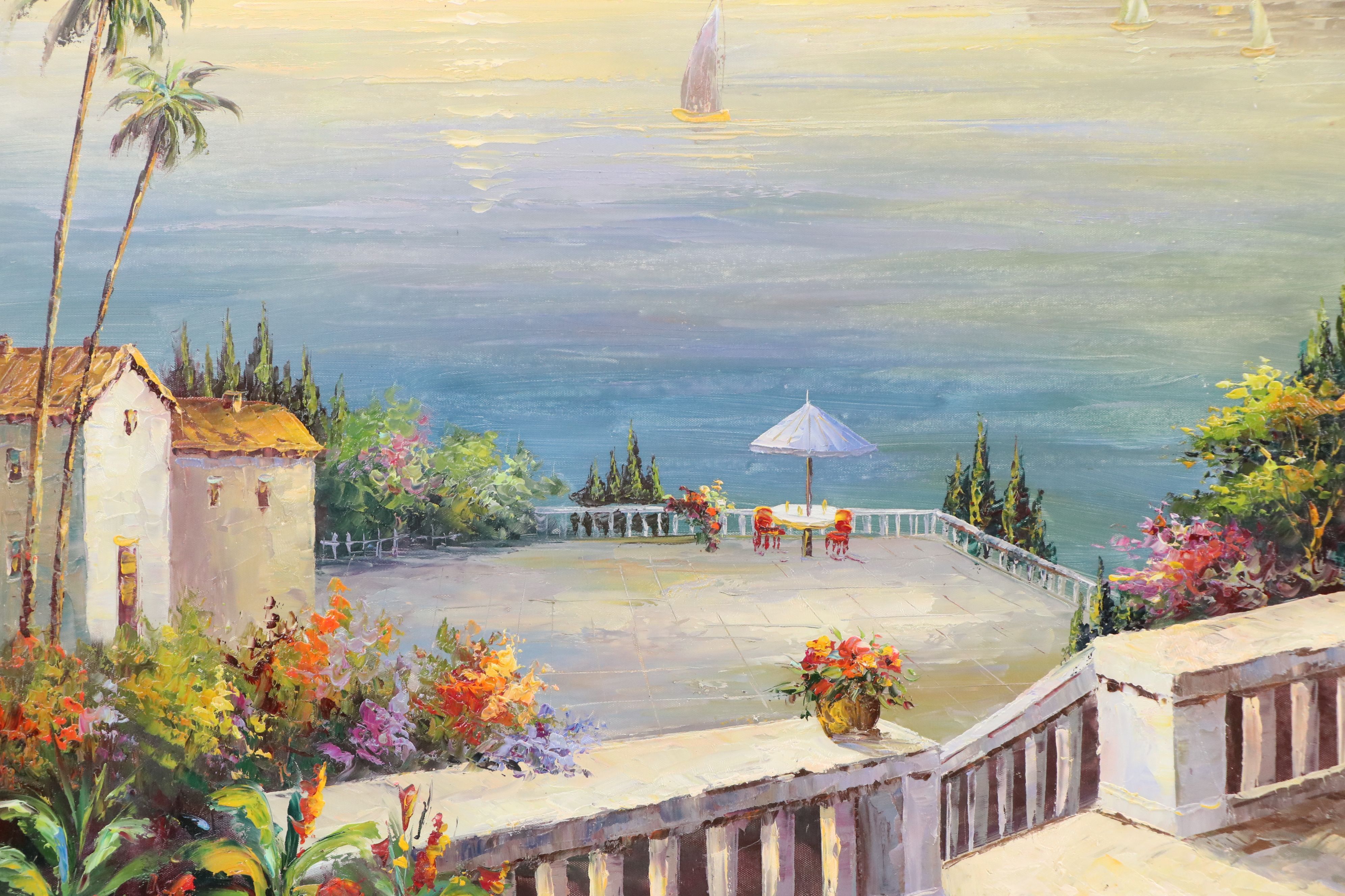 Oil Painting of Mediterranean Coastal Village Landscape, 21st Century