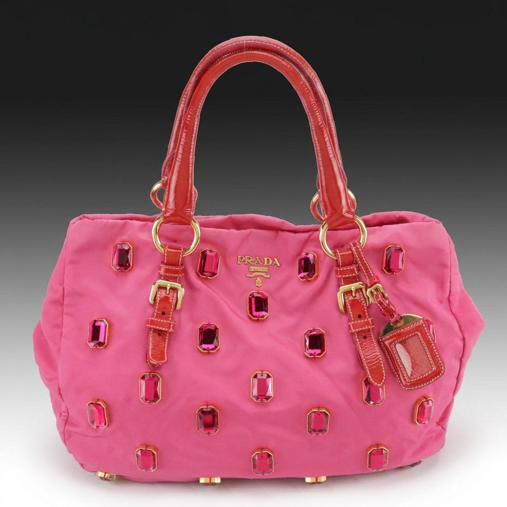 Prada Pietre Bag in Embellished Pink Tessuto Nylon and Red Patent Leather Trim