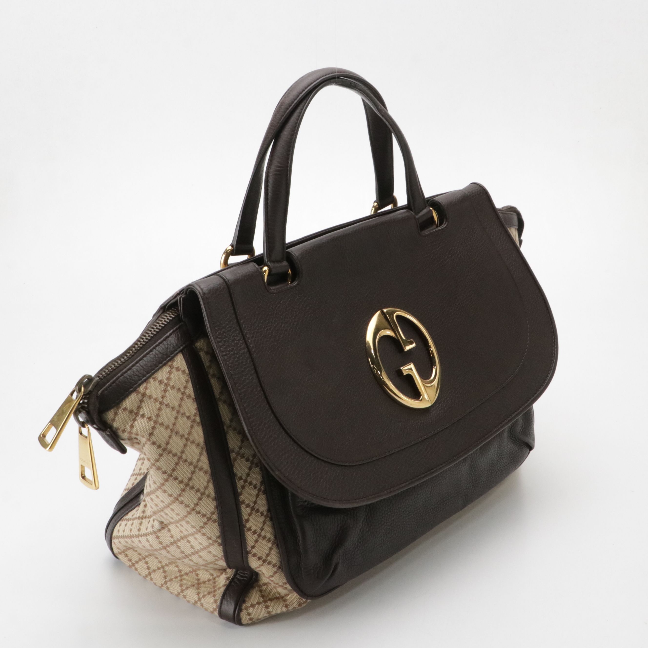 Gucci 1973 Large Zippered Handbag in Brown Calfskin Leather and Diamante Canvas