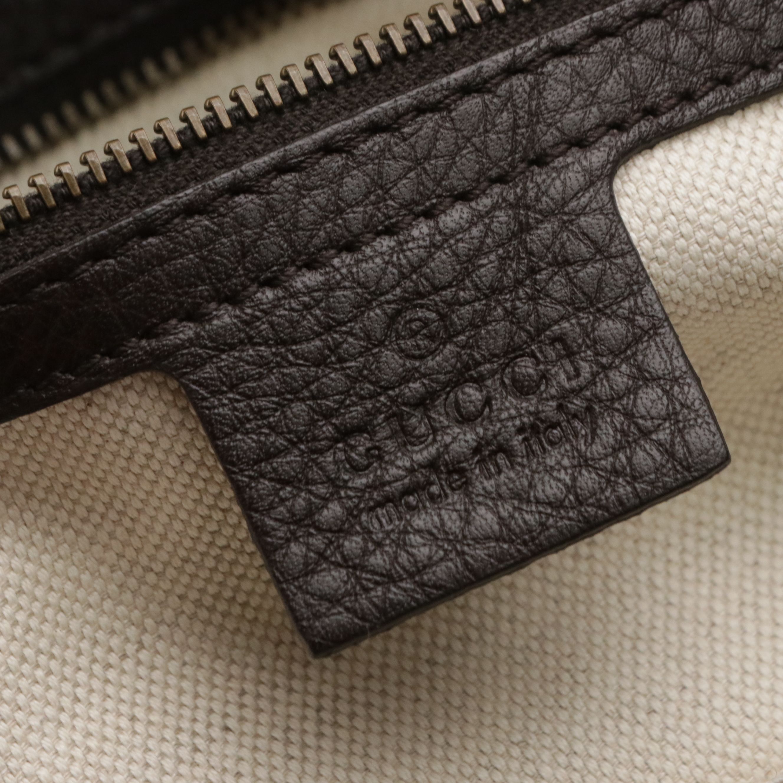 Gucci 1973 Large Zippered Handbag in Brown Calfskin Leather and Diamante Canvas