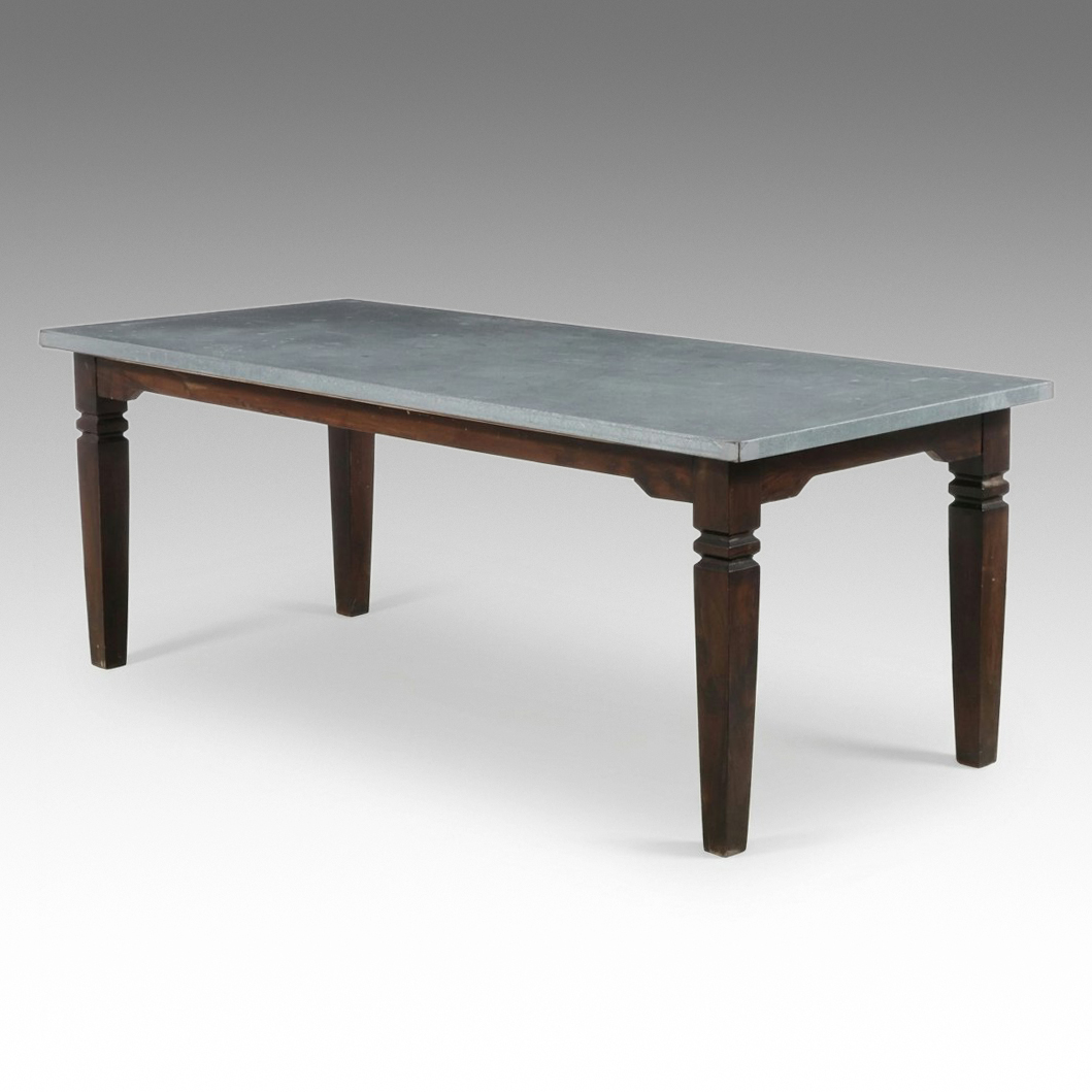 Industrial Zinc-Top Dining Table with Carved Wood Base