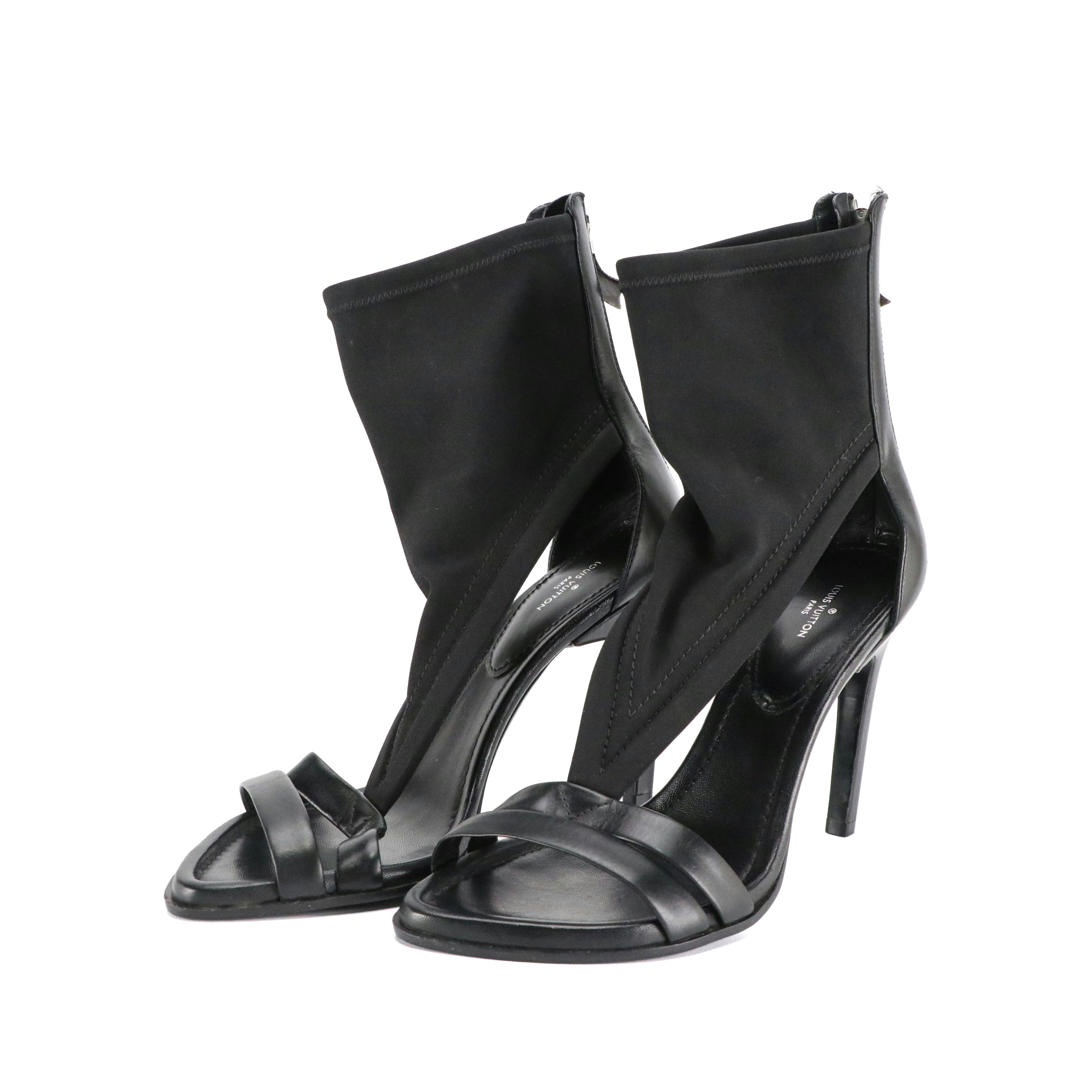 Louis Vuitton Black Leather and Textile Sock Ankle High Heel Boot Sandals