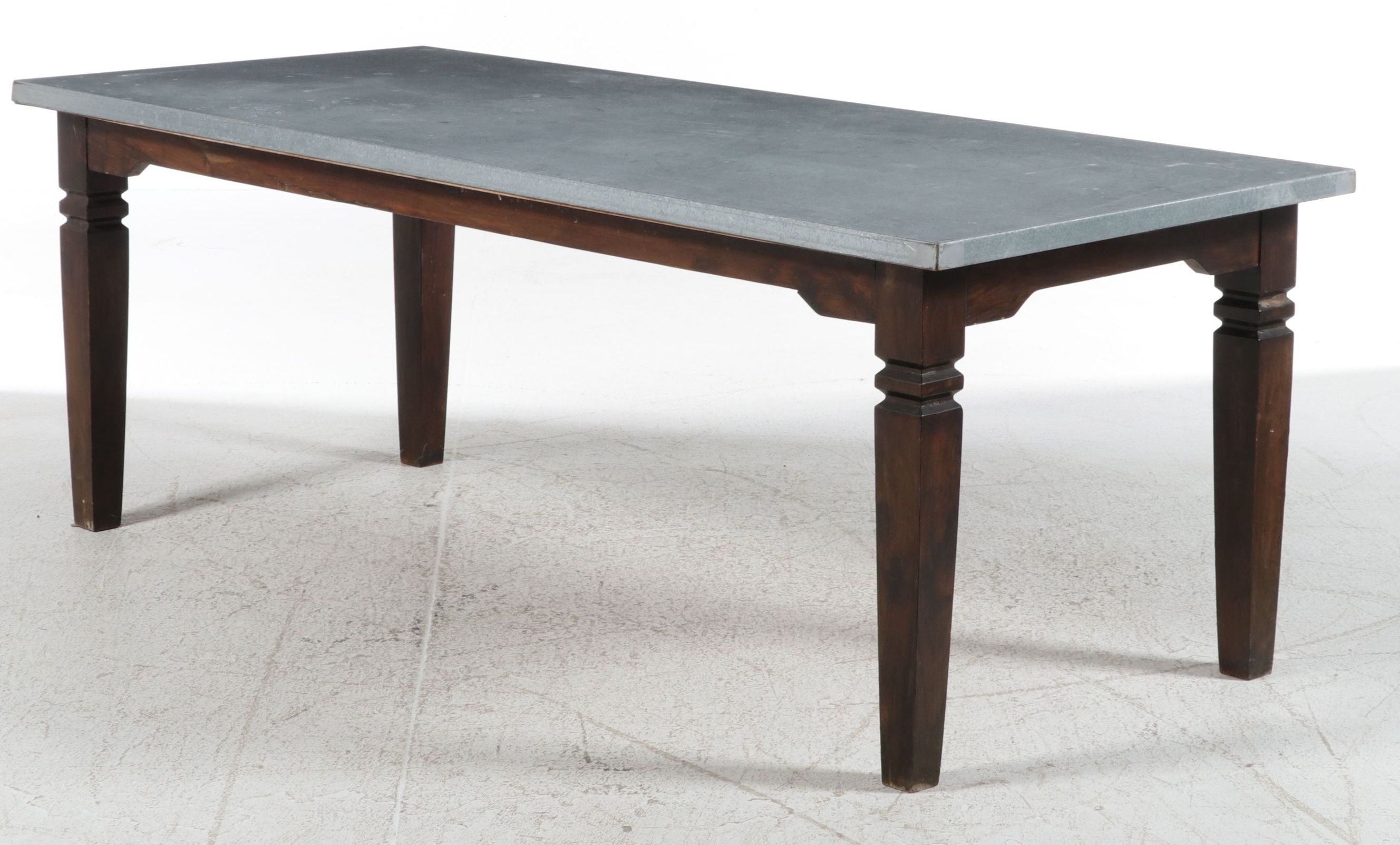 Industrial Zinc-Top Dining Table with Carved Wood Base