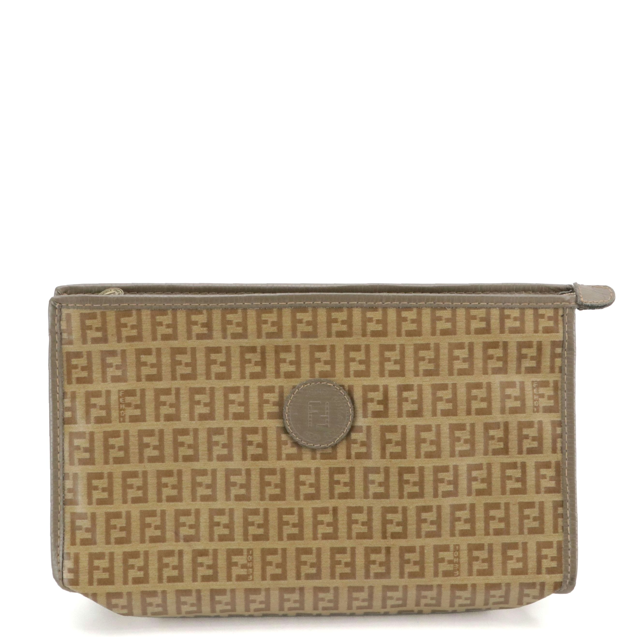 Fendi Brown Zucchino Vinyl and Leather Trim Zip Clutch/Pouch