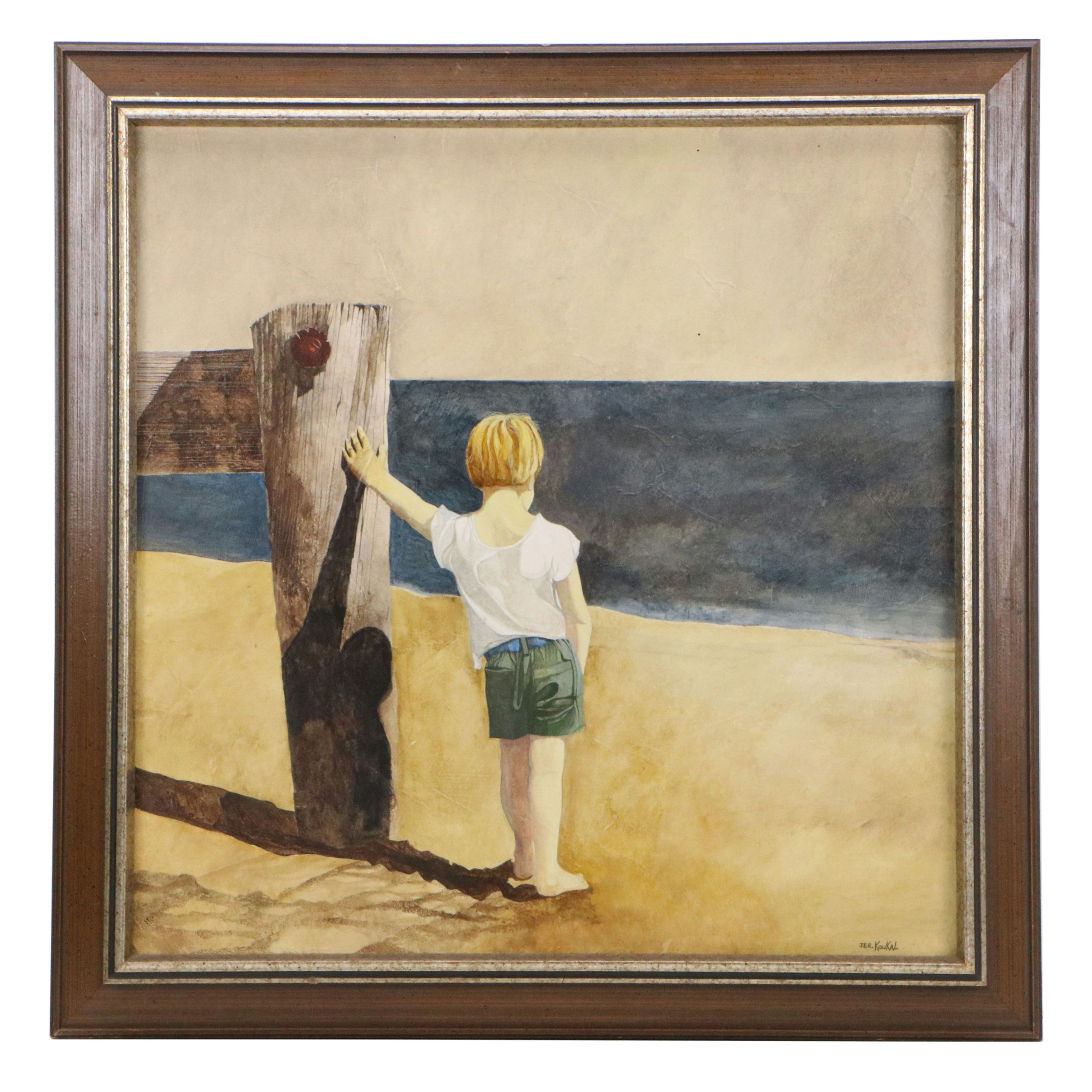 Gerald Koukal Gouache Painting of Boy on Beach, 20th Century