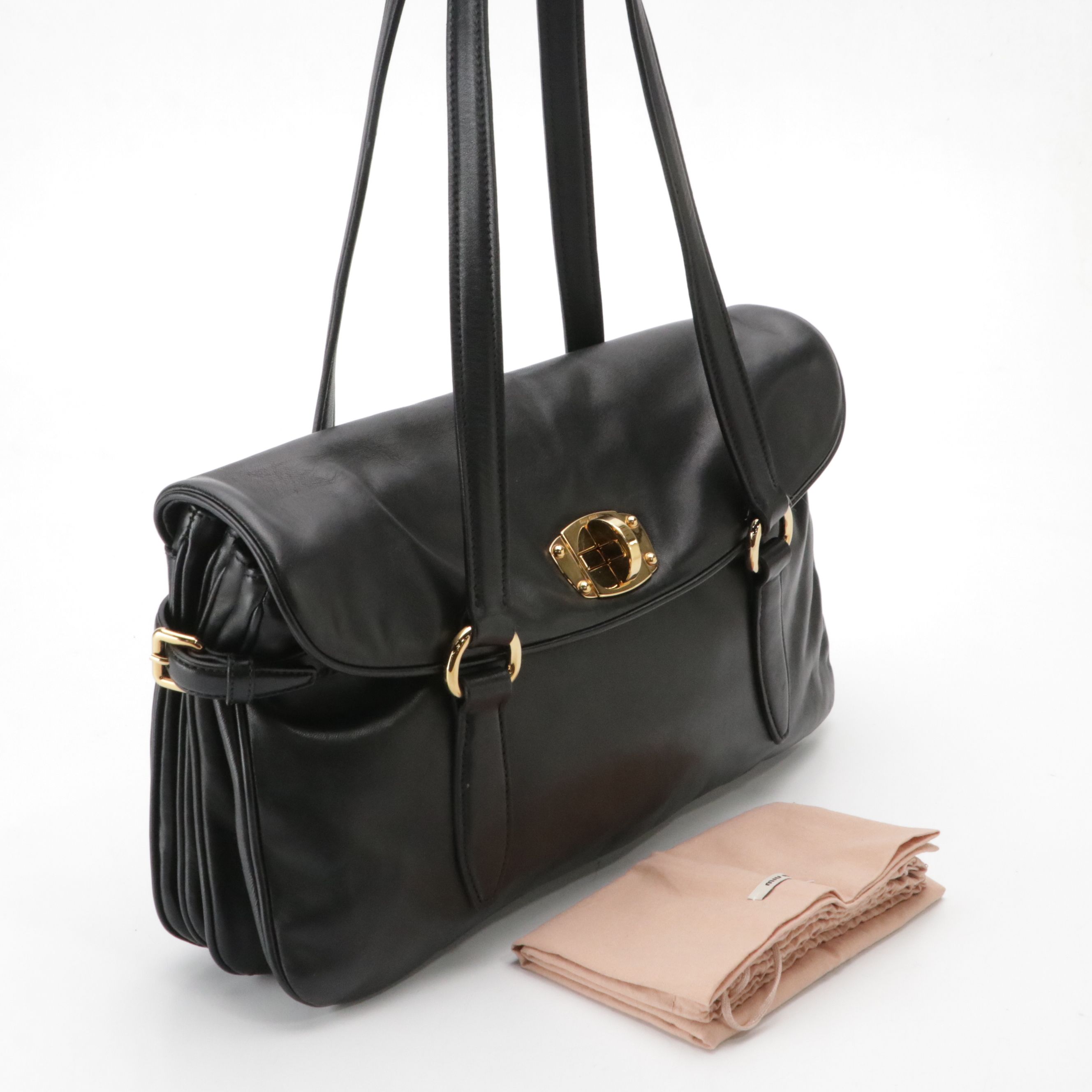 Miu Miu Turn-Lock Shoulder Satchel Bag in Black Soft Calfskin Leather