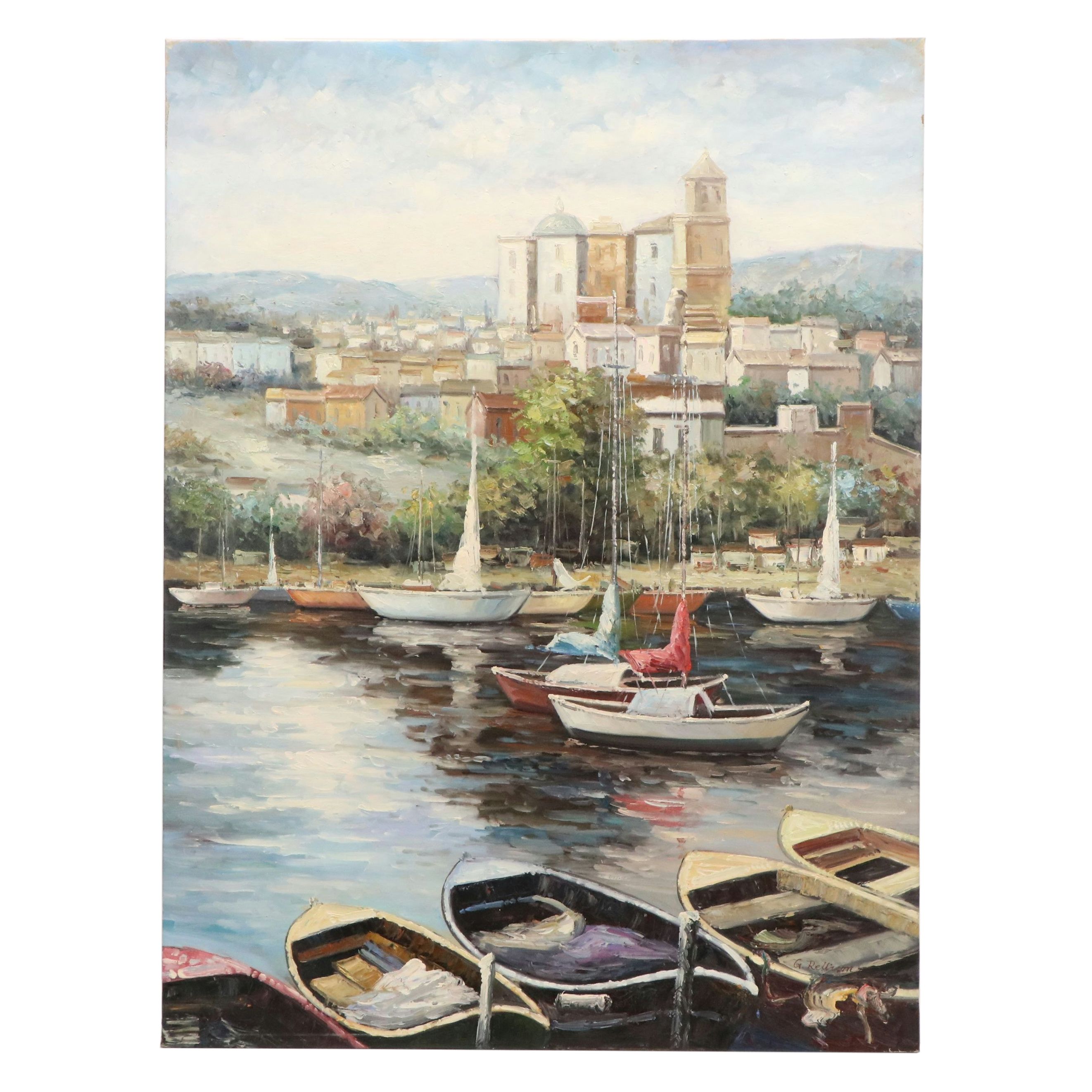 Oil Painting of Harbor Scene, 21st Century