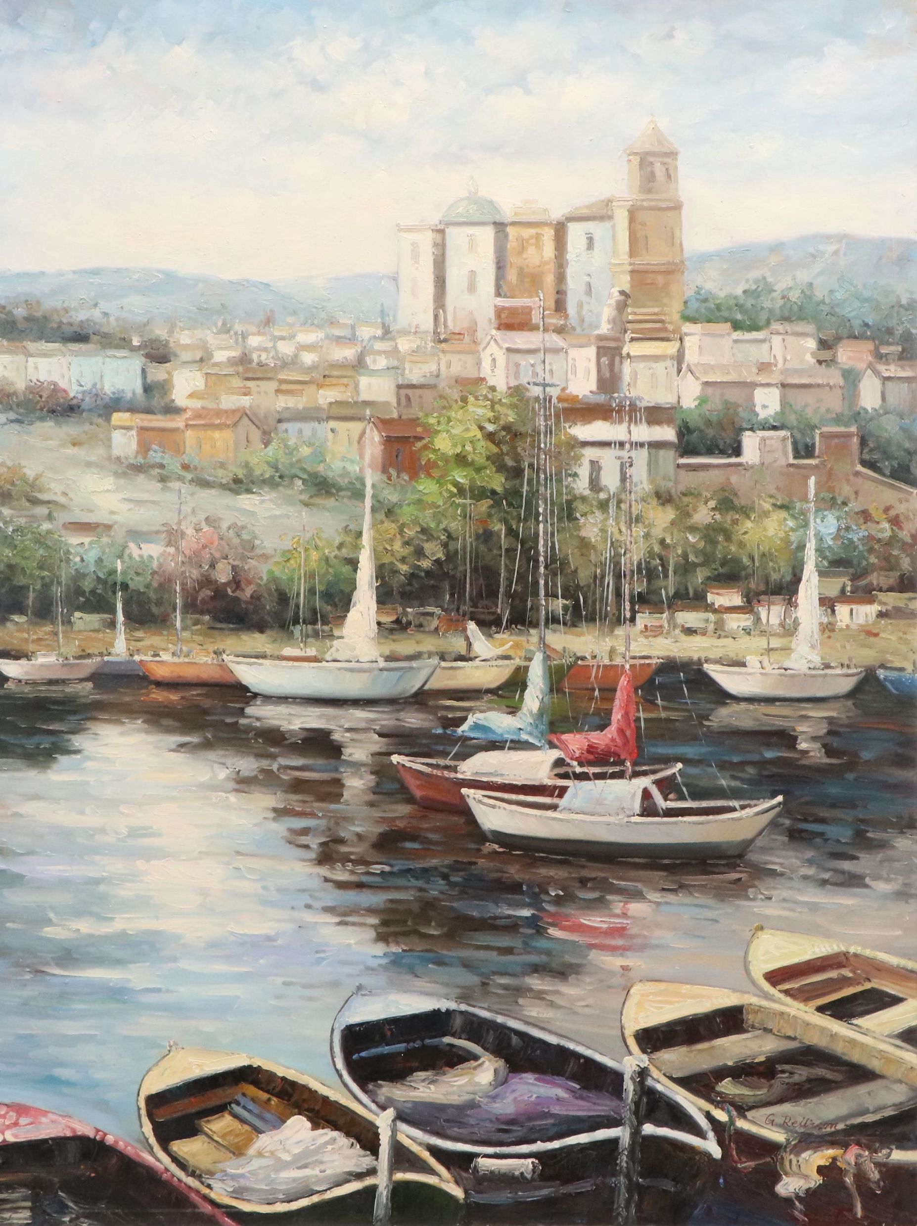 Oil Painting of Harbor Scene, 21st Century