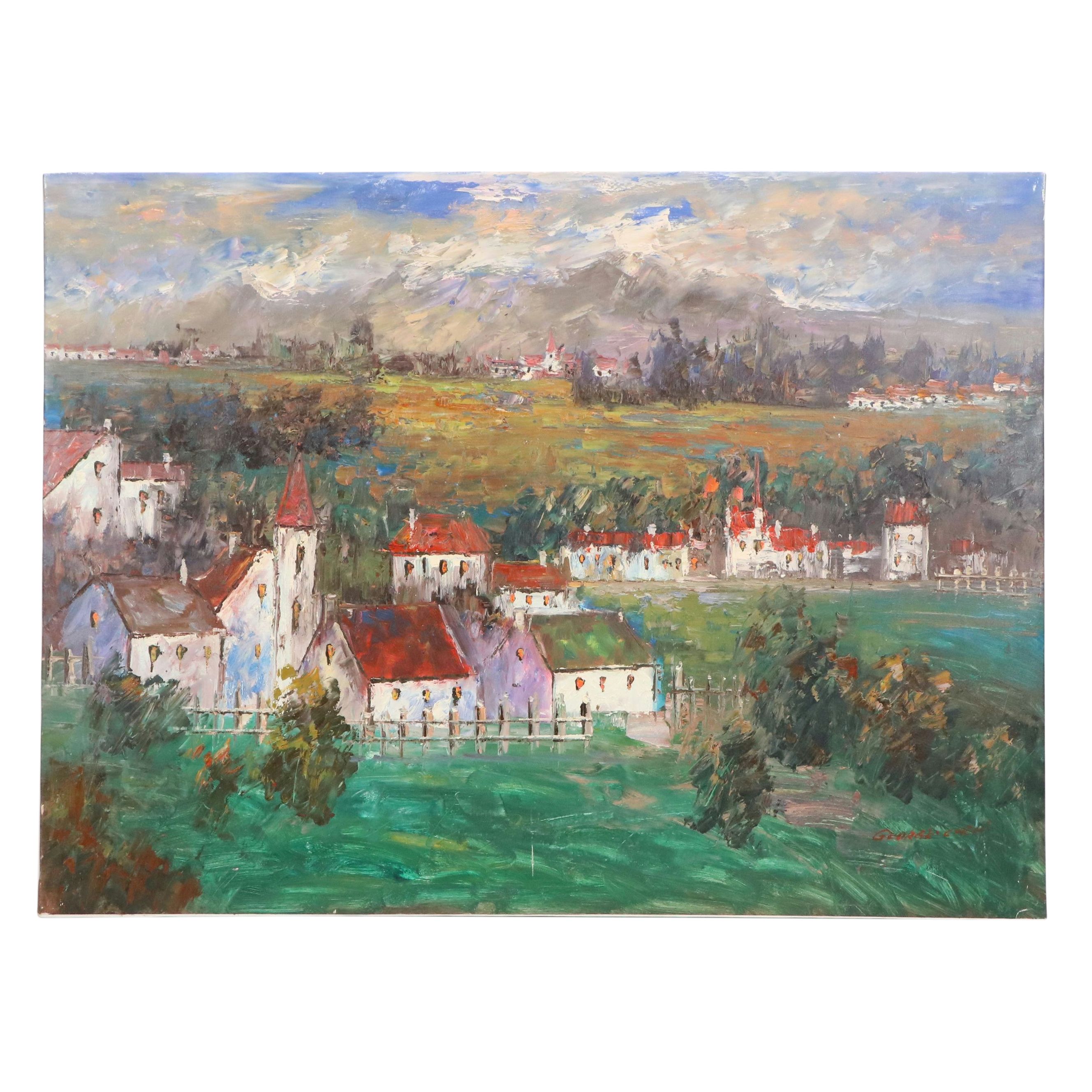 Oil Painting of Countryside Village Landscape, 21st Century