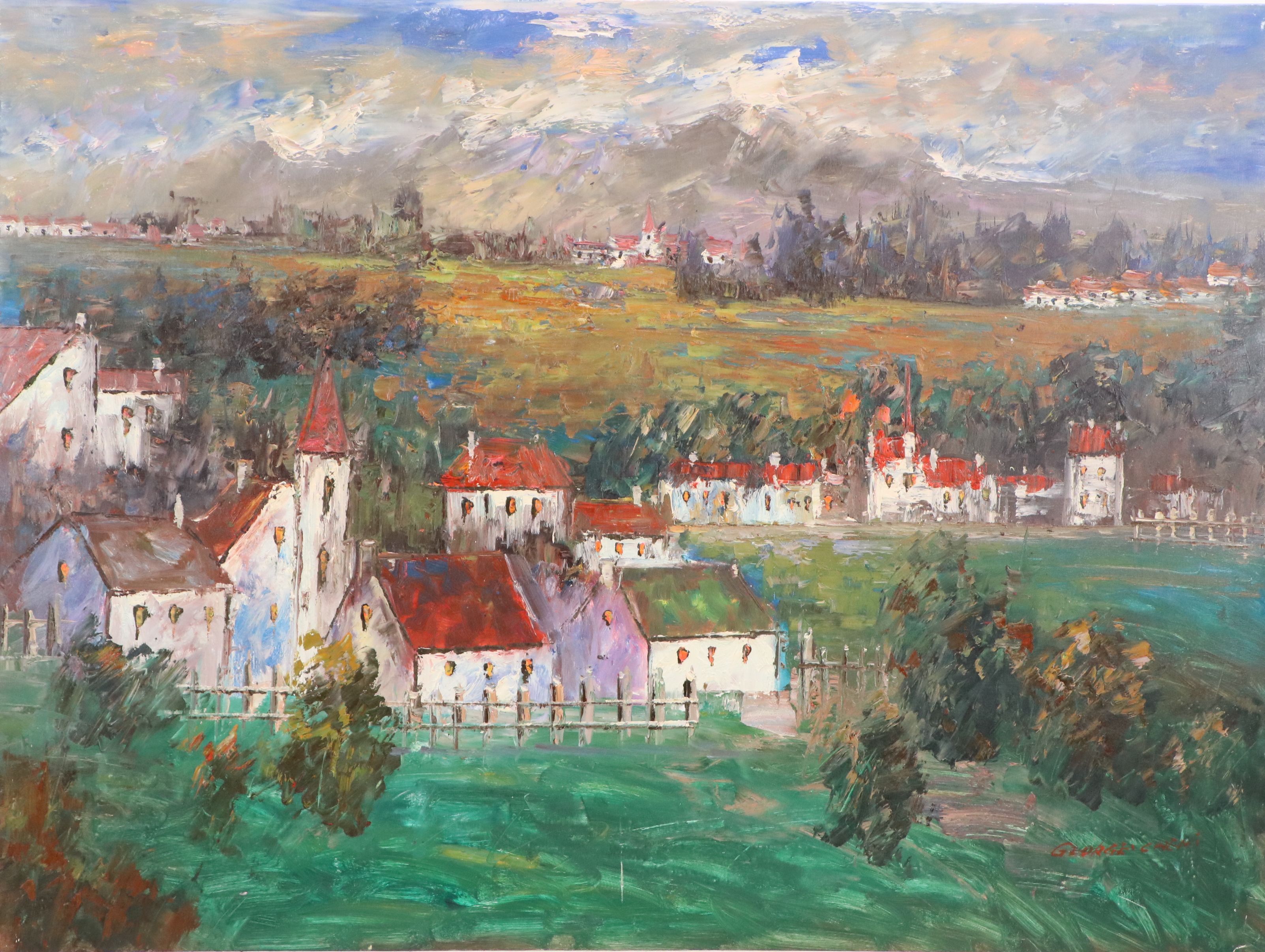 Oil Painting of Countryside Village Landscape, 21st Century