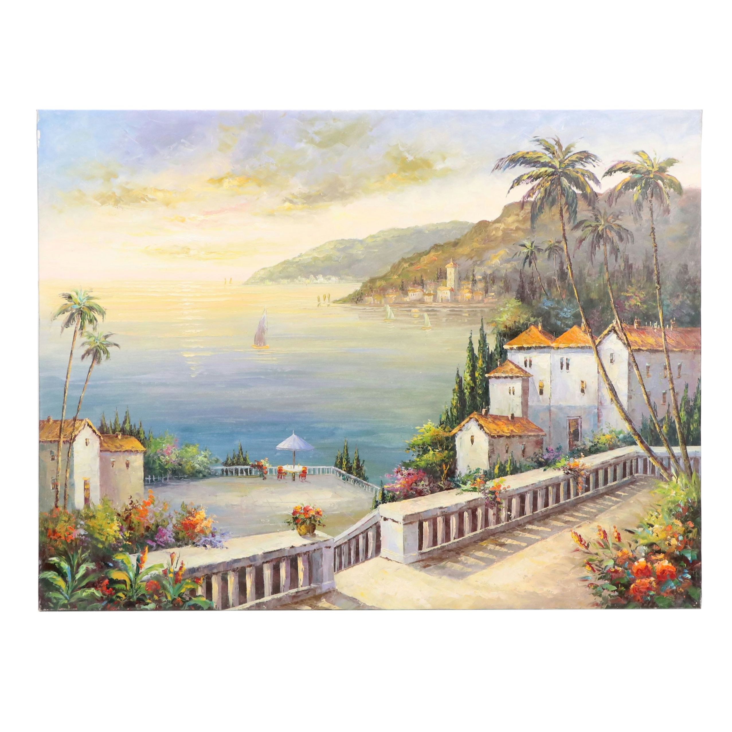 Oil Painting of Mediterranean Coastal Village Landscape, 21st Century