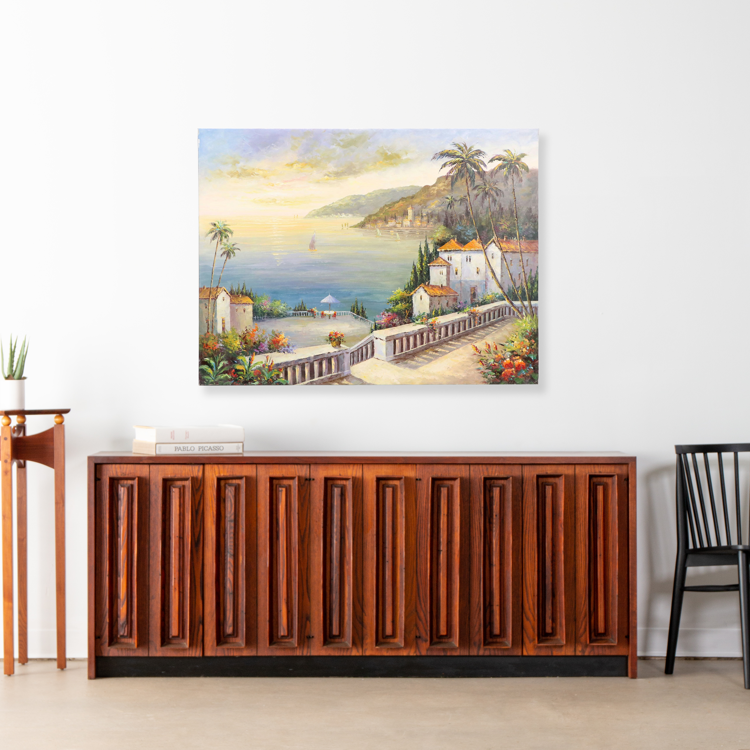 Oil Painting of Mediterranean Coastal Village Landscape, 21st Century