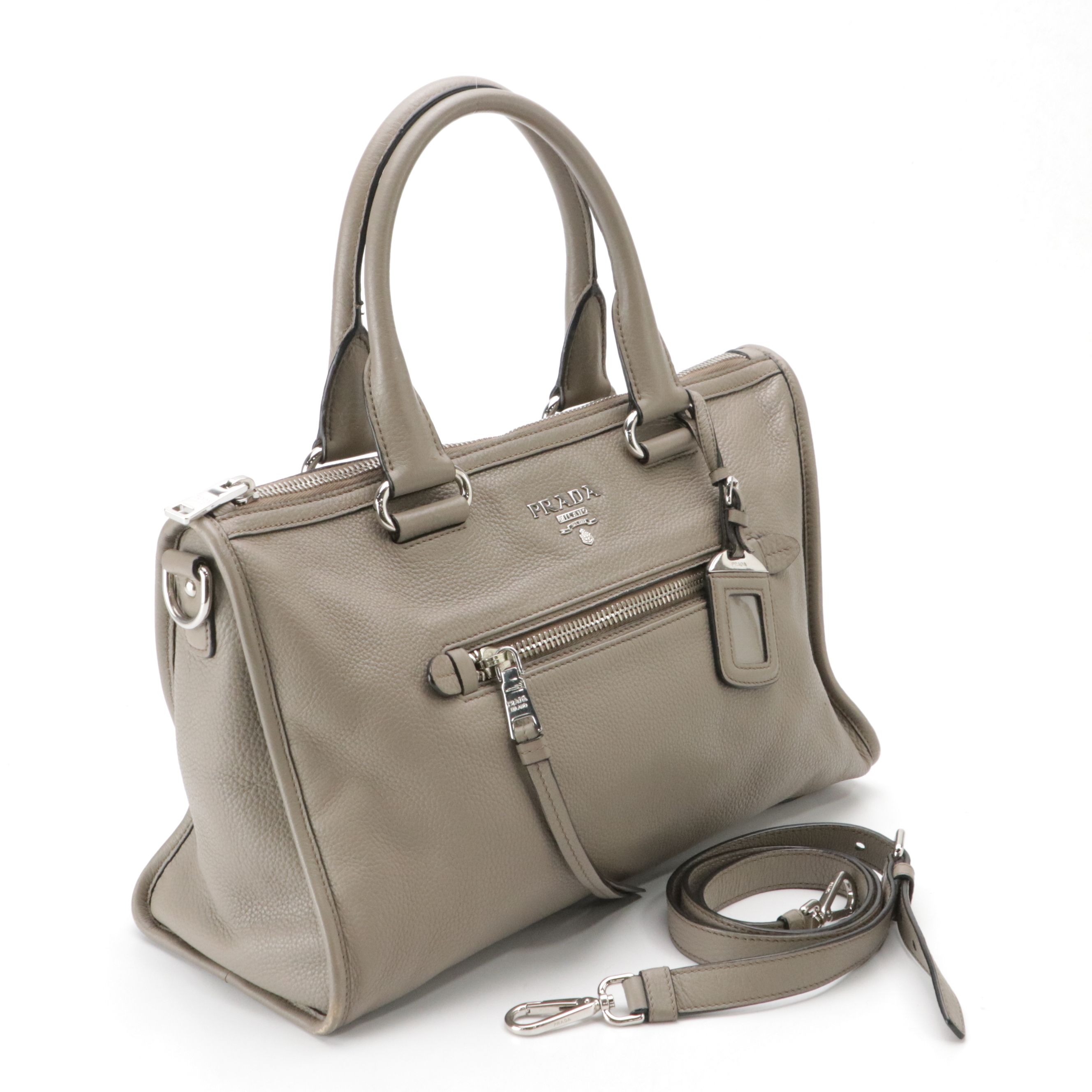Prada Front Zip Top Handle Two-Way Bag in Grey Vitello Daino Leather