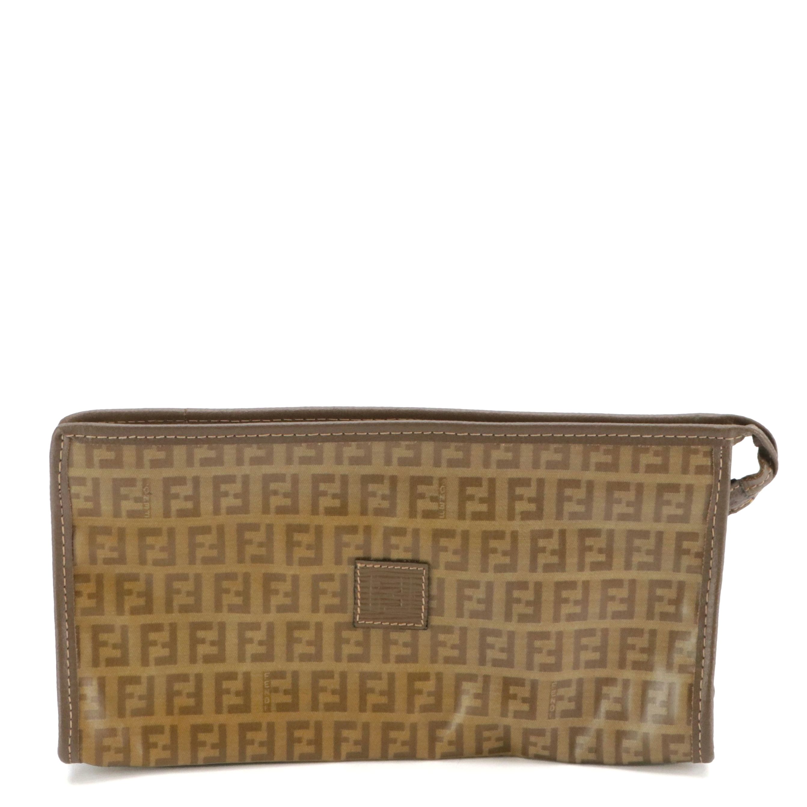 Fendi Brown Zucchino Vinyl and Leather Trim Zip Clutch/Pouch