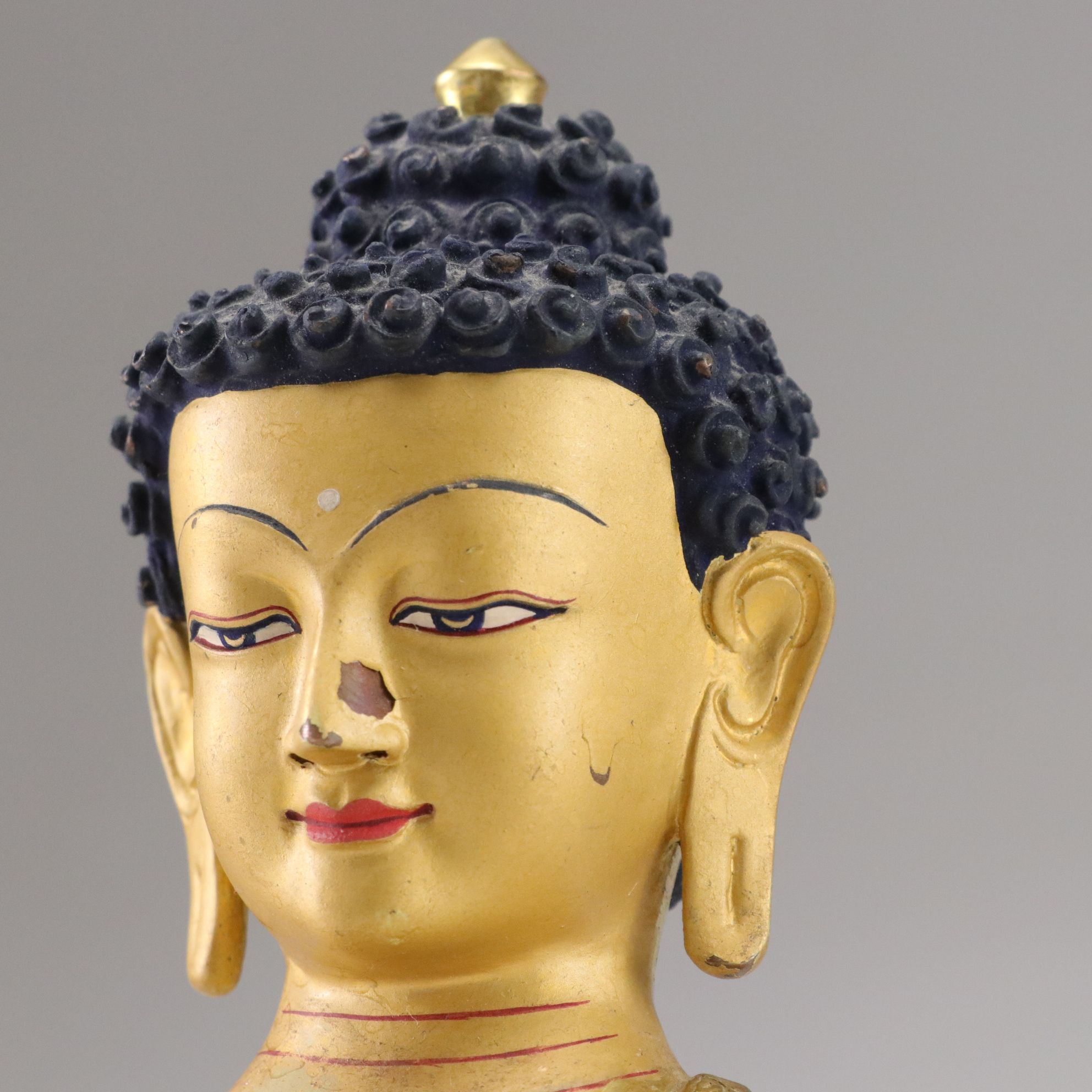 Nepalese Gilt Copper Shakyamuni Buddha Statue with Painted Head, 20th C.