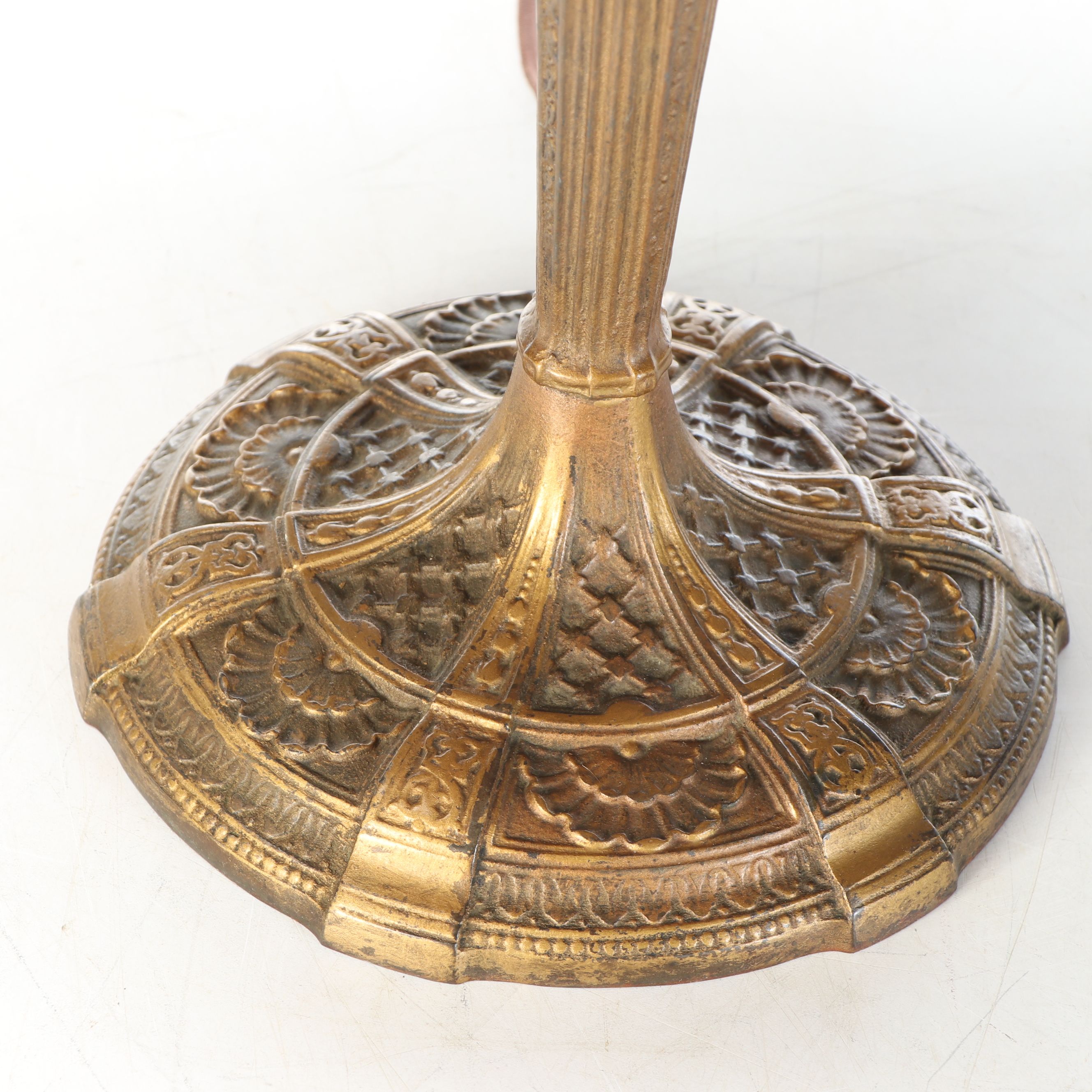 Empire Revival Style Giltmetal Lamp and Art Nouveau Bent Panel Slag Glass Shade