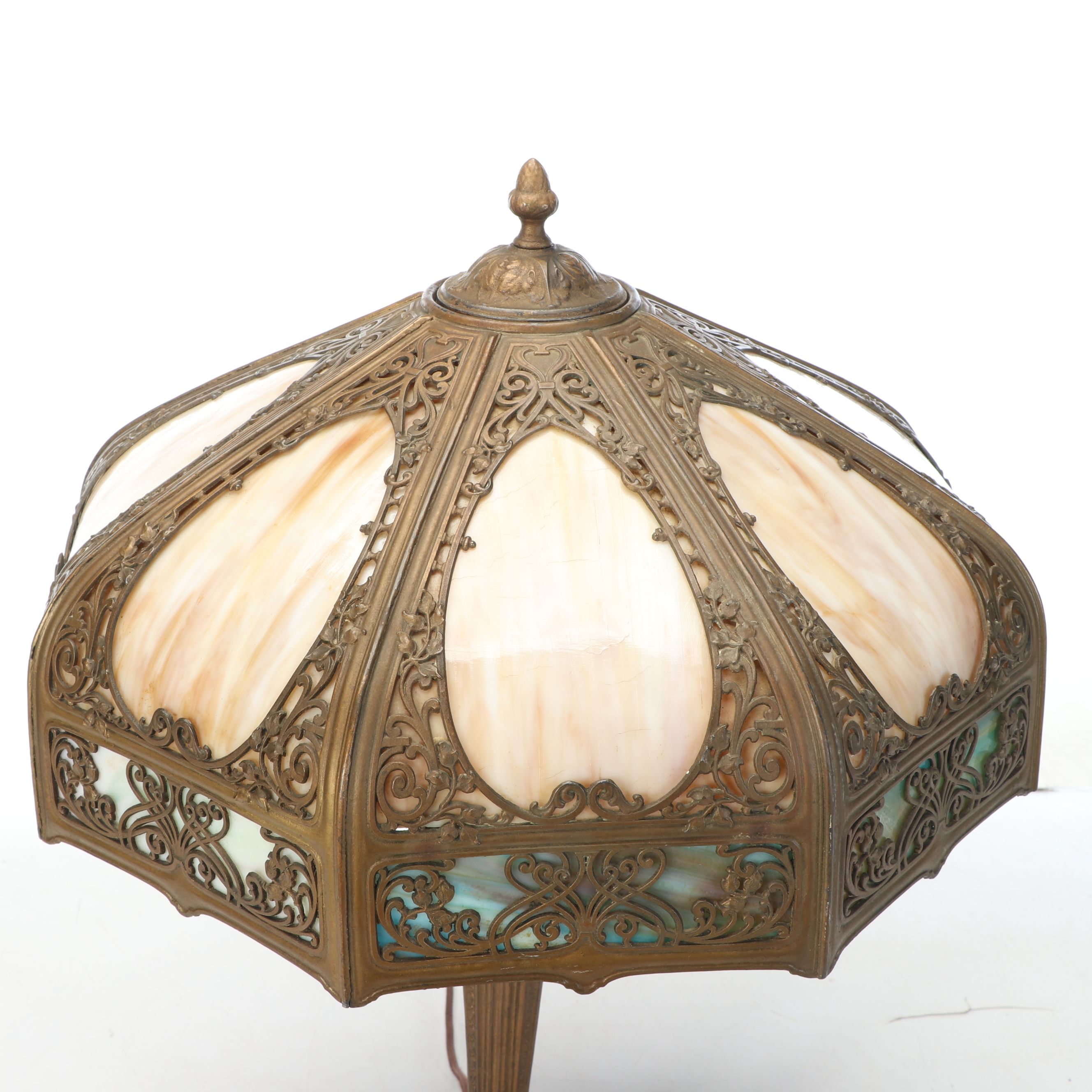 Empire Revival Style Giltmetal Lamp and Art Nouveau Bent Panel Slag Glass Shade