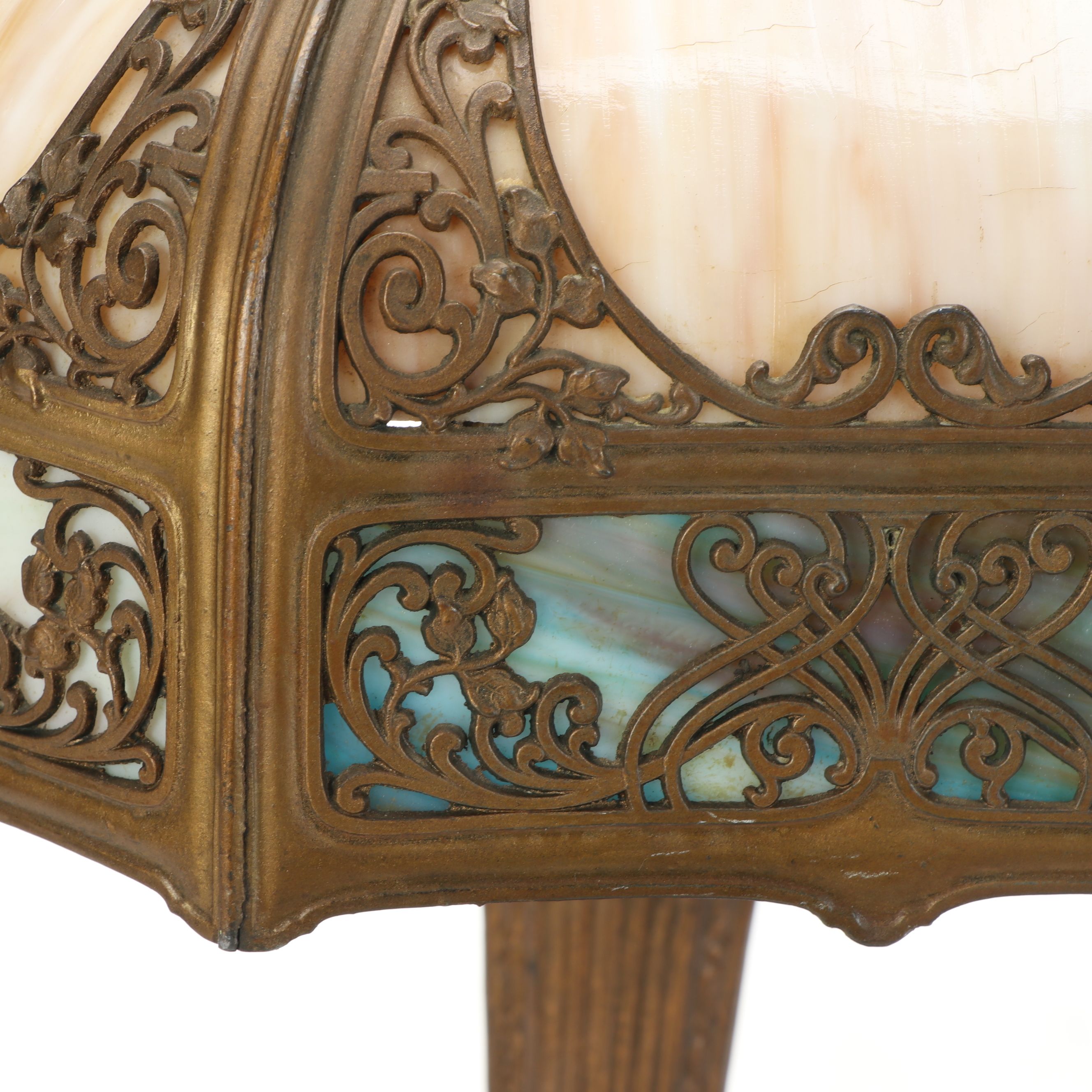 Empire Revival Style Giltmetal Lamp and Art Nouveau Bent Panel Slag Glass Shade