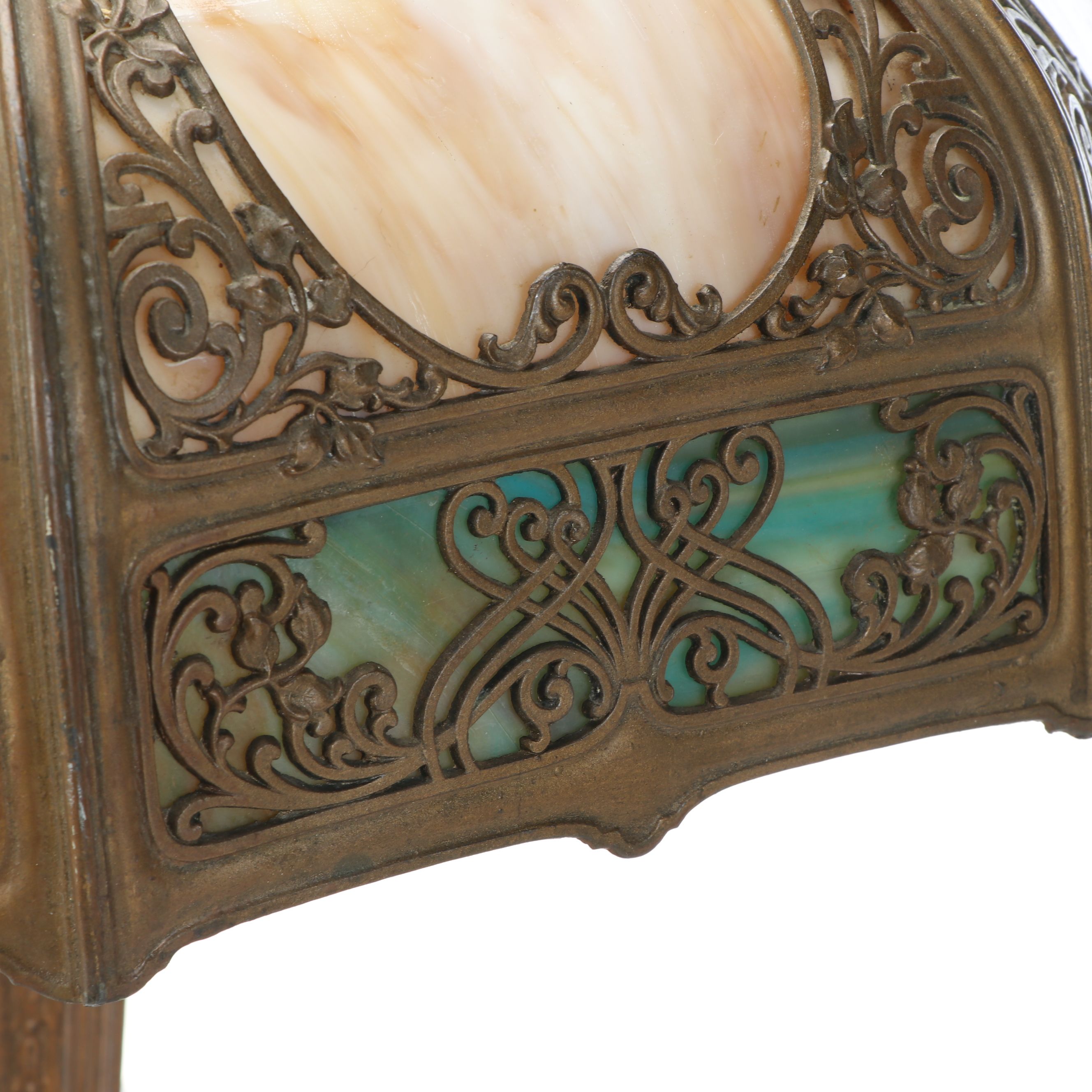 Empire Revival Style Giltmetal Lamp and Art Nouveau Bent Panel Slag Glass Shade