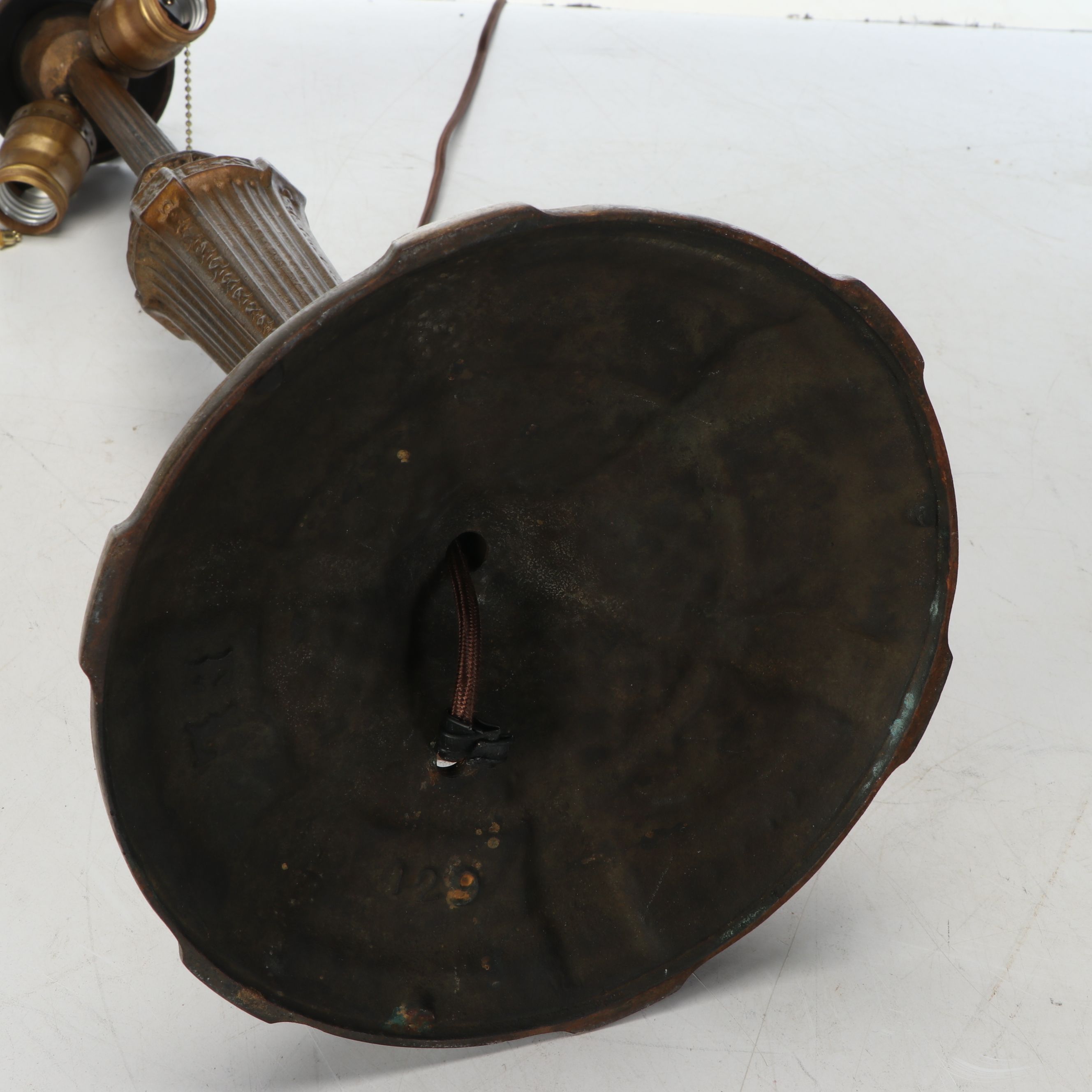 Empire Revival Style Giltmetal Lamp and Art Nouveau Bent Panel Slag Glass Shade