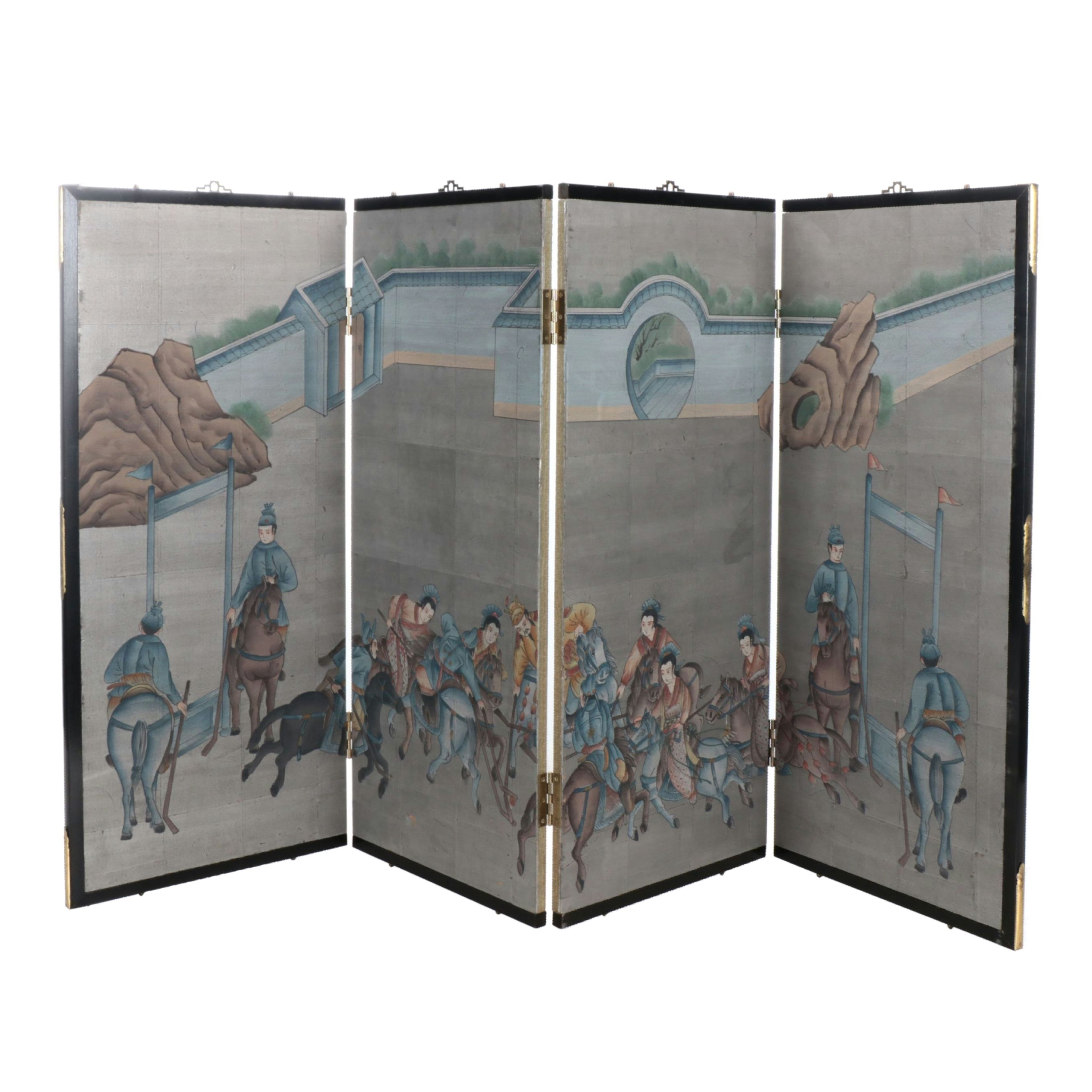 Chinese Four-Panel Hand-Painted Silk Room Divider, Late 20th Century