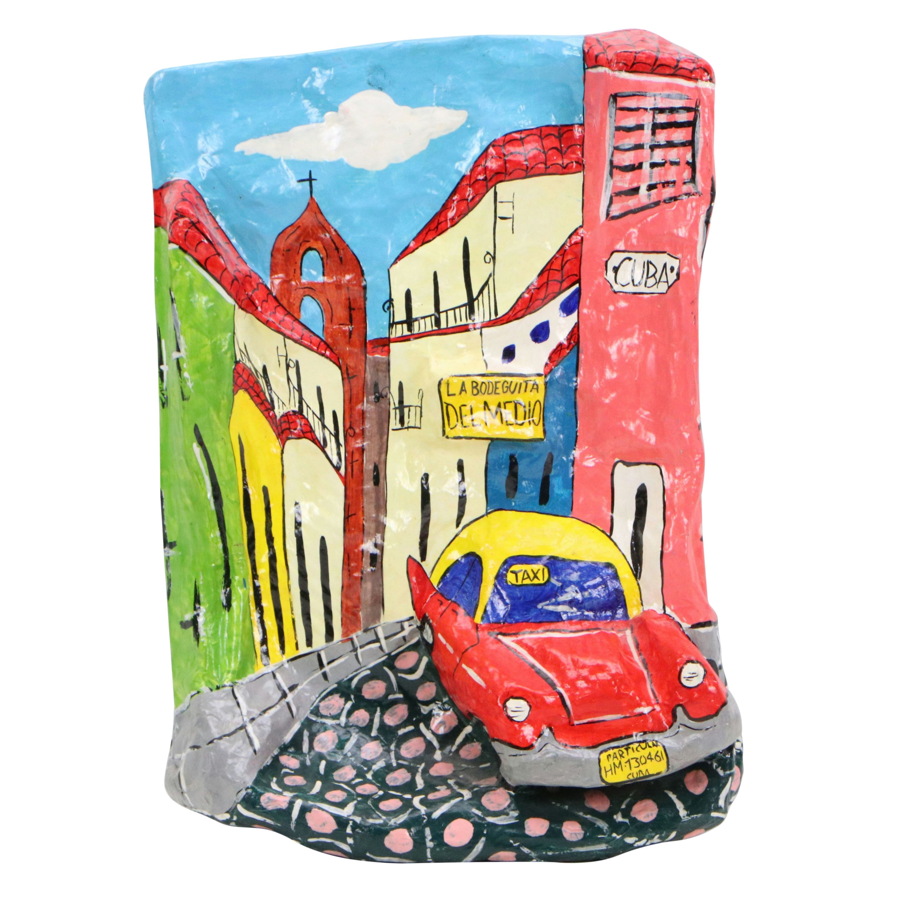 Cuban Folk Art Dimensional Papier-Mâché Wall Sculpture of Street Scene