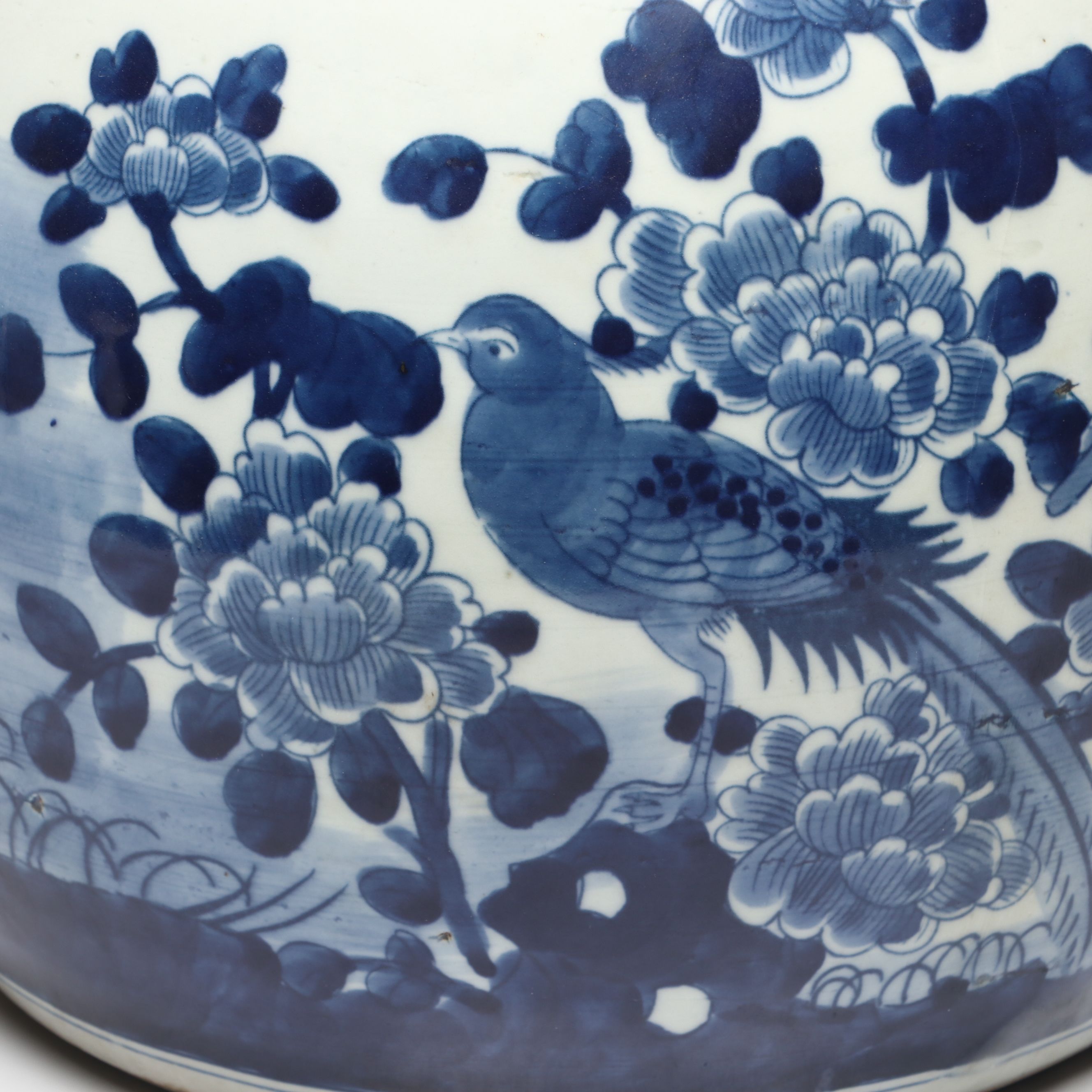 Chinese Hand-Painted Blue and White Floral and Bird Motif Porcelain Ginger Jar