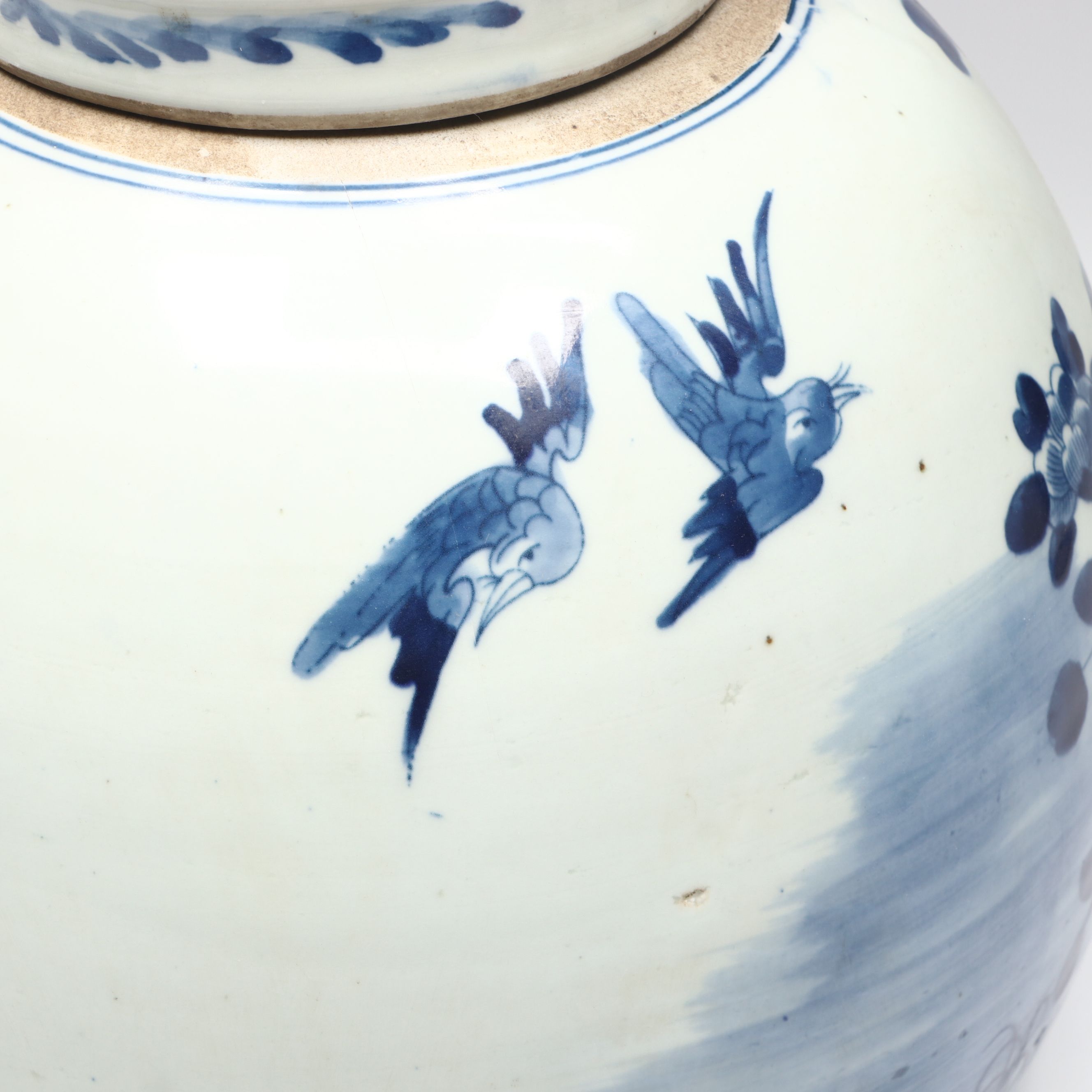 Chinese Hand-Painted Blue and White Floral and Bird Motif Porcelain Ginger Jar
