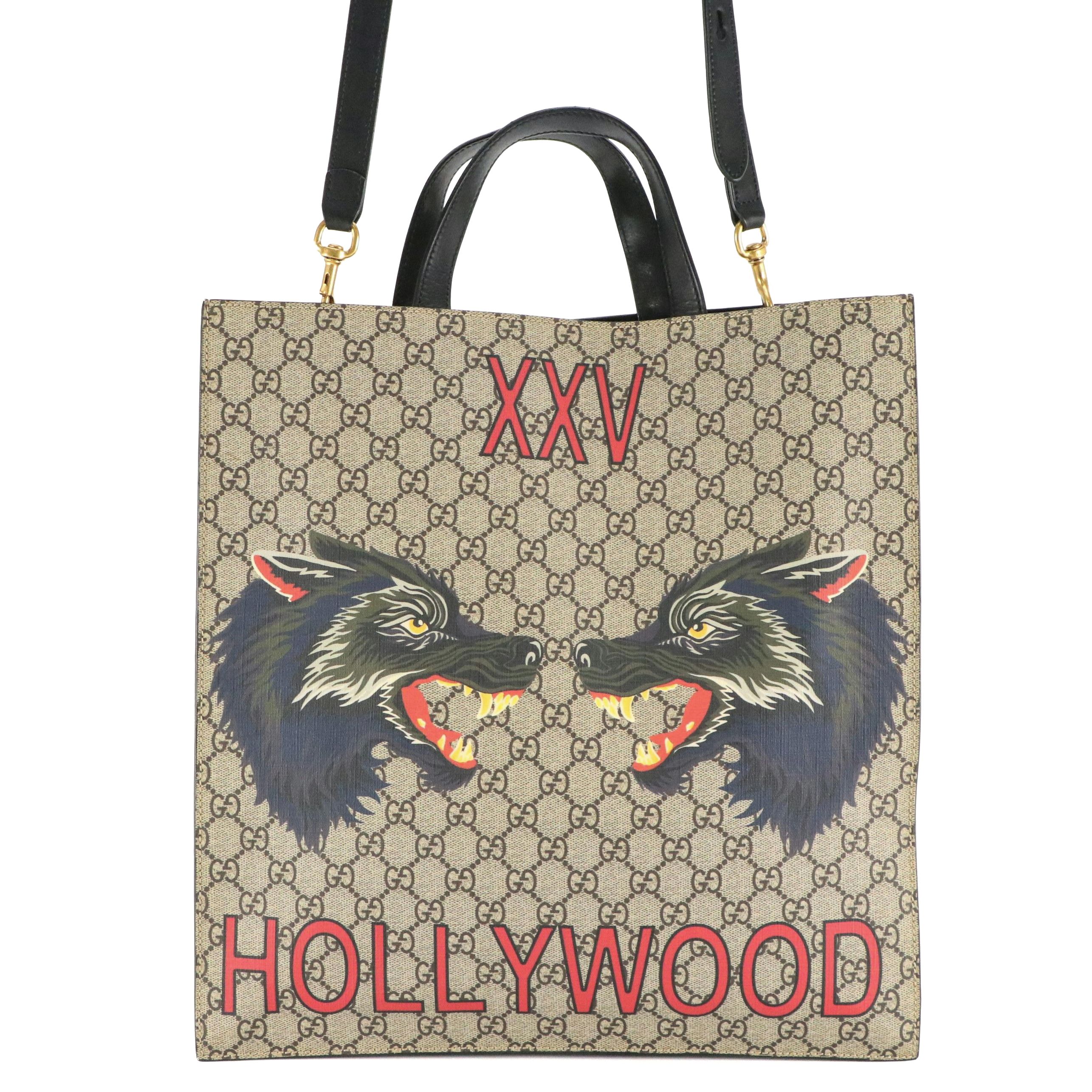 Gucci Wolf XXV Hollywood GG Supreme Canvas and Black Leather Two-Way Tote Bag
